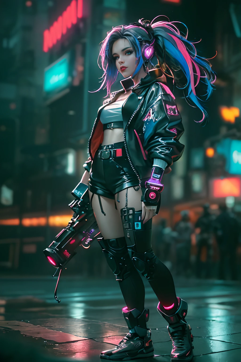 (Photorealistic:1.4) image of a cyber punk girl, (top-quality, 8K, 32K, masterpiece), (dynamic pose), ((facing camera)), (looking at camera), cowboy shot, shapeless hair, colorful hair, colorful cyberpunk clothing, depth of field f/1.8, cyberpunk city background, cinematic lighting.