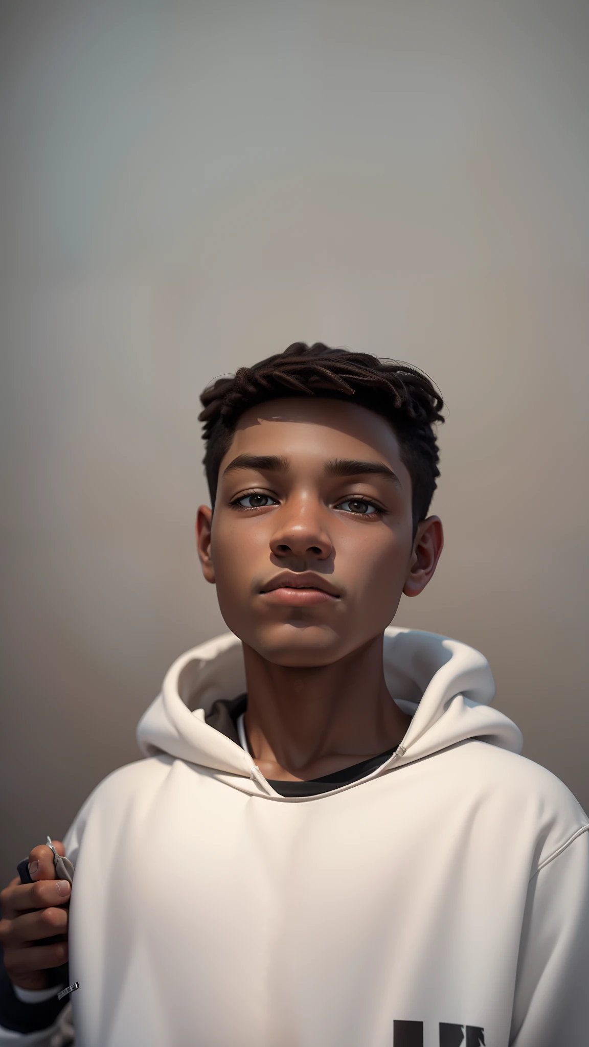 3d dope art,realistic,boy sitting,boy wearing an hoodie,8k,empty background,barely similar to the reference,realistic face,facing straight to camera