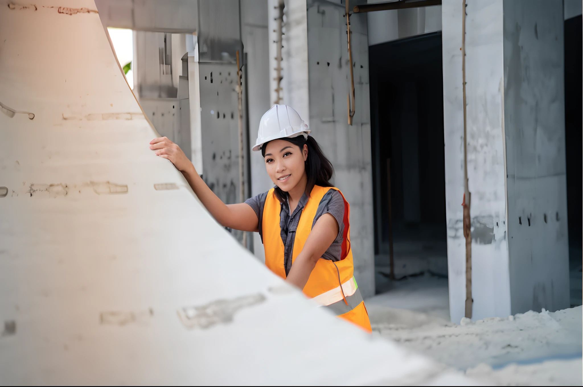 arafed woman in a hard hat and safety vest standing next to a wall, civil engineer, construction, portrait shot, advertising photo, photo taken in 2 0 2 0, concrete, safe for work, advanced technology, professional work, ground-breaking, photo still, engineer, people at work, architect, cement, on the concrete ground, closeup photograph, very professional