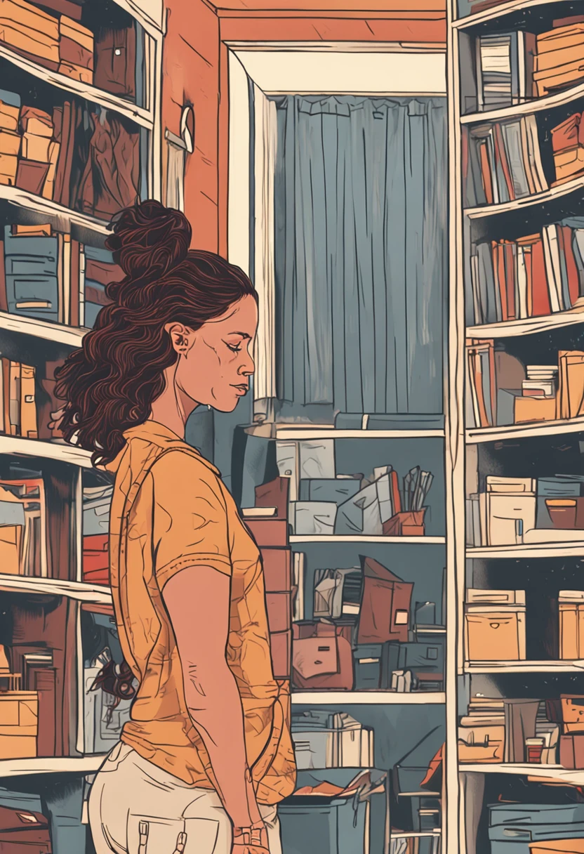Mulher de 25 anos, trabalhadora, looking tired and depressed, trabalhado em uma loja de roupas, cabelos ondulados. A IMAGEM DEVE SER ULTRA REALISTA, IMAGEM DE ALTISSIMA QUALIDADE 8K FULLHD