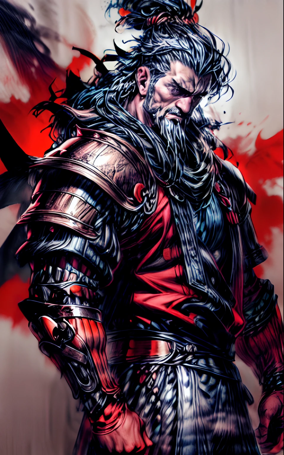 "(This artwork is a) masterpiece in terms of its (excellent) quality. It features a single Viking character, (with a) muscular build and detailed eyes. The focus is on the upper body, with the character looking directly at the viewer. The style of the artwork resembles an ink sketch, while the character is wearing armor. There is a sense of action, as if the character is (delivering a powerful) punch. The background is abstract, with splashes of color and a high contrast effect."