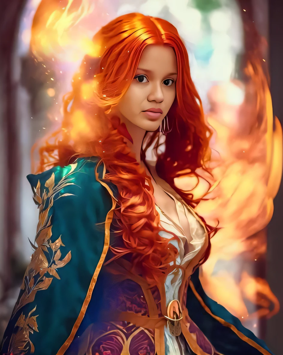 A woman with red hair and a green dress stands in front of a fire, Cosplay de Triss Merigold, Triss Merigold, pele laranja e cabelo ardente longo, cabelos longos de fogo, Ela tem poderes de fogo, cabelo de fogo, lindos cabelos longos de fogo, mago de fogo, casting fire spell, A Rainha do Fogo, her hair is on fire, cosplay ornamentado