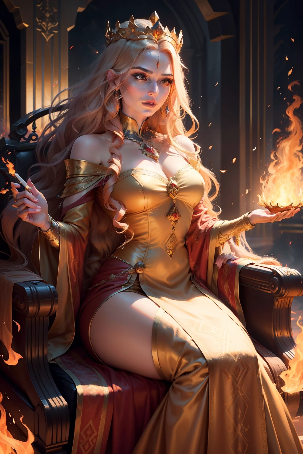 long short, queen woman, beautiful woman, sharp face, woman with long wavy hair, queen wearing golden crown, queen of fire, throne in flames, woman throwing fire from hand, woman wearing long dress, fantasy, ultrarealistic, hyperdetailed, sharp, many details, 8k