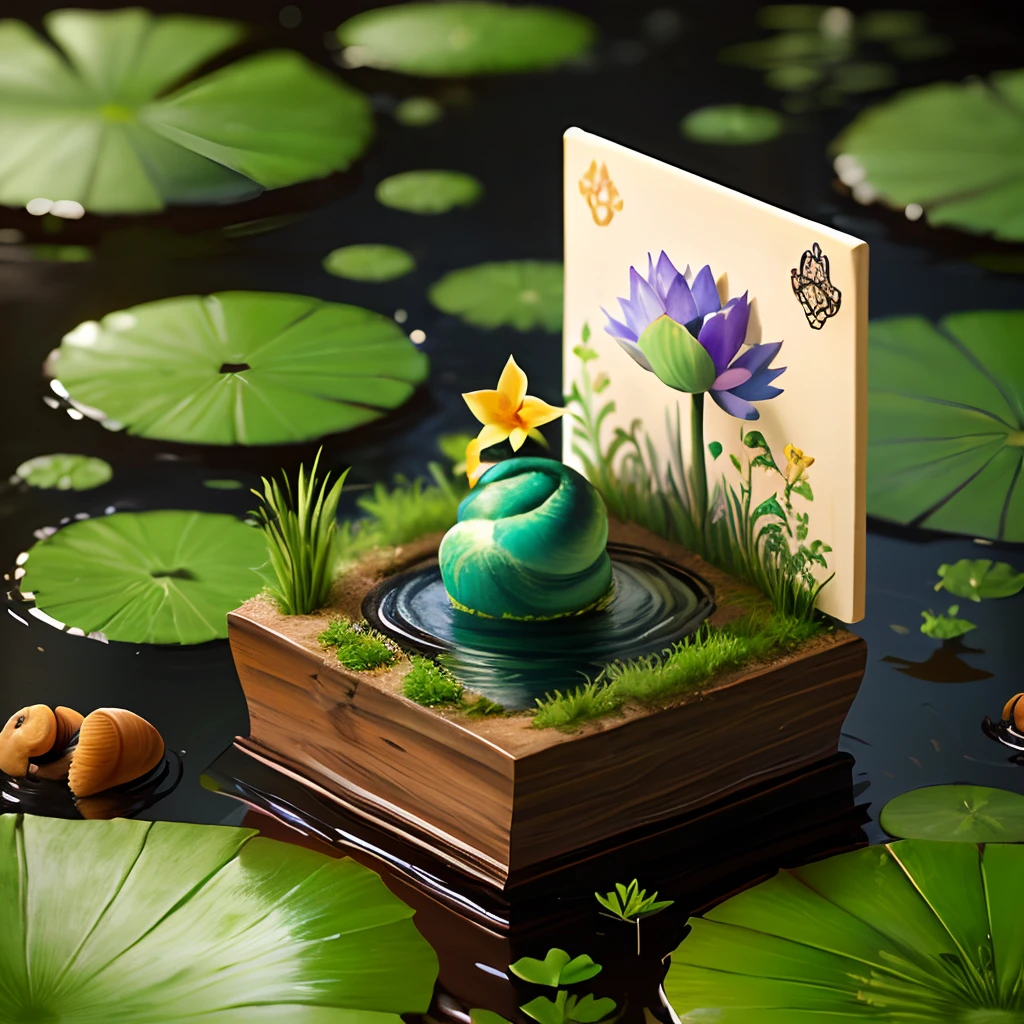 2d game background,Small shallow pool,snail,Lotus leaf,depth of fields,hand painted style,planar,popup book