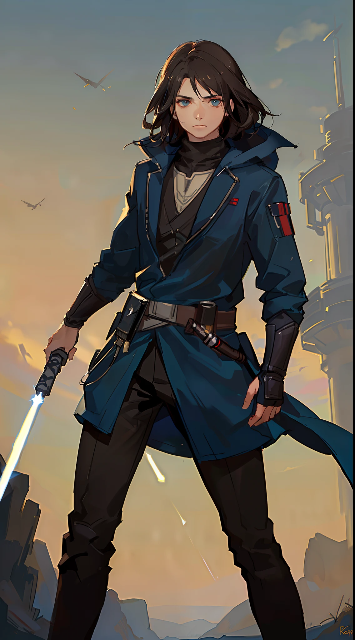 adult man, long brown hair, Cyan eyes, Jedi's Blue Rob, Lightsaber, Darth Revan, Masterpiece, hiquality