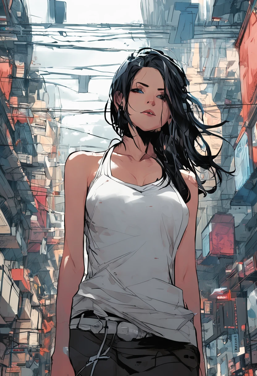 1girl, long black hair, blue eyes, wearing plain white wet shirt, big boobs, small black skirts, city, absurdres, high res, ultrasharp, 8K, masterpiece, looking at viewer