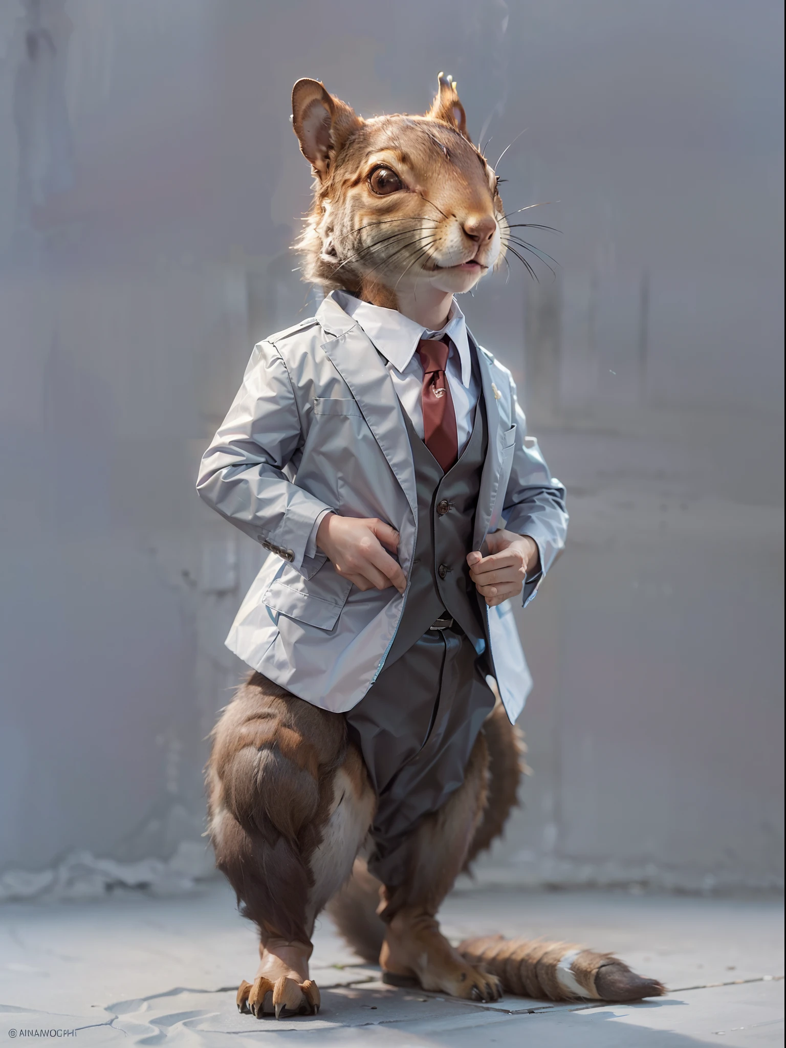 (((fullbody image、Standing posture)))、(Full body squirrel standing upright in luxury business suit、Humanoidris、Cool anthropomorphic squirrel with long legs)、masterpiece, top-quality, in 8K , intricate detailes, ultra-detailliert , light Particle、32K Digital Paint, Hyper-Realism, No background