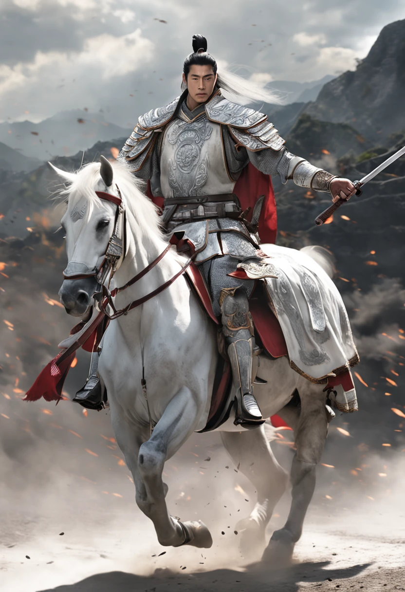 Zhao Yun Young General White Robe, White Helmet, White Armor, White Horse, Spear, Hilly Area, 100,000 Enemy Troops Surrounded from a Distance, Blood Stains, Wolf Smoke, Golden Iron Horse