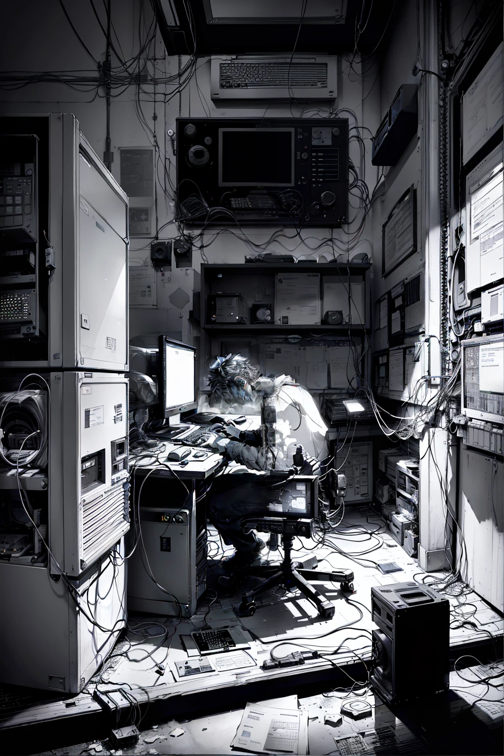 The theme screen is placed below, the picture is black, the comic book style, a programmer writes code in a dark environment,Behind it is the server,The server is connected to the computer, and dense wires are placed on the ground