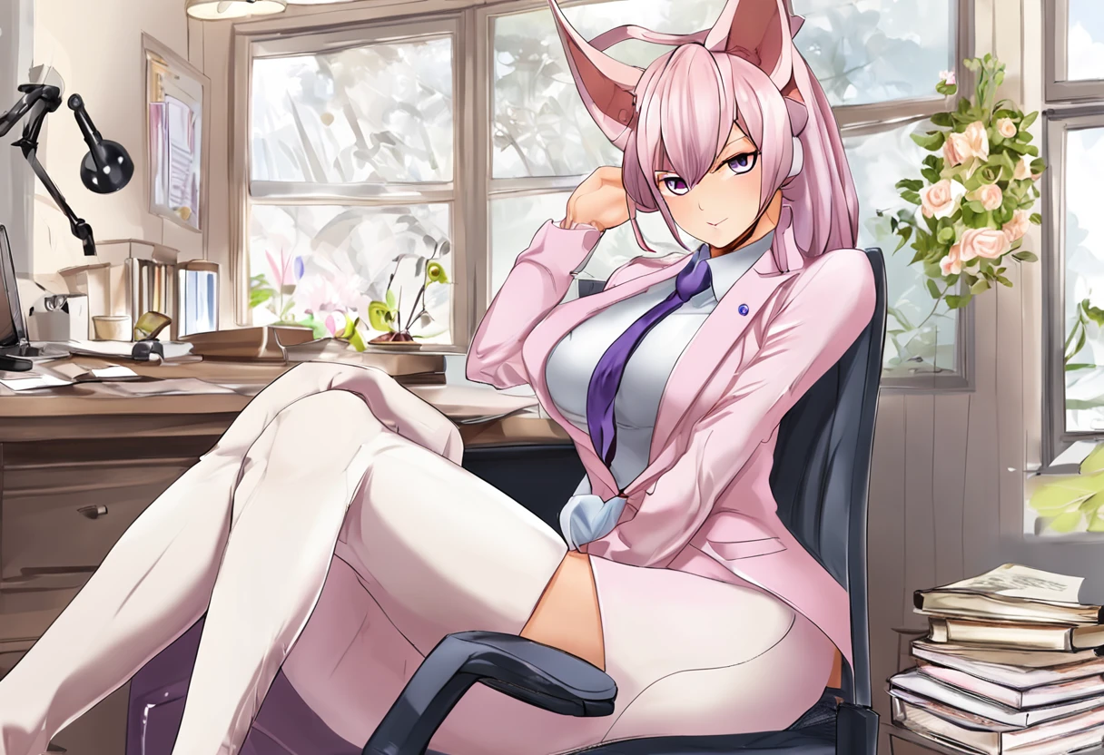 Beautiful girl foxgirl, medium large breasts,purple hair with pink highlights tips, masterpiece , red eyes, sexy, anime styled, 2D, mature, dynamic angle, long hair, sexy, nude, nsfw, pussy, fox tails, sexy pose, sweat, computer desk, sitting