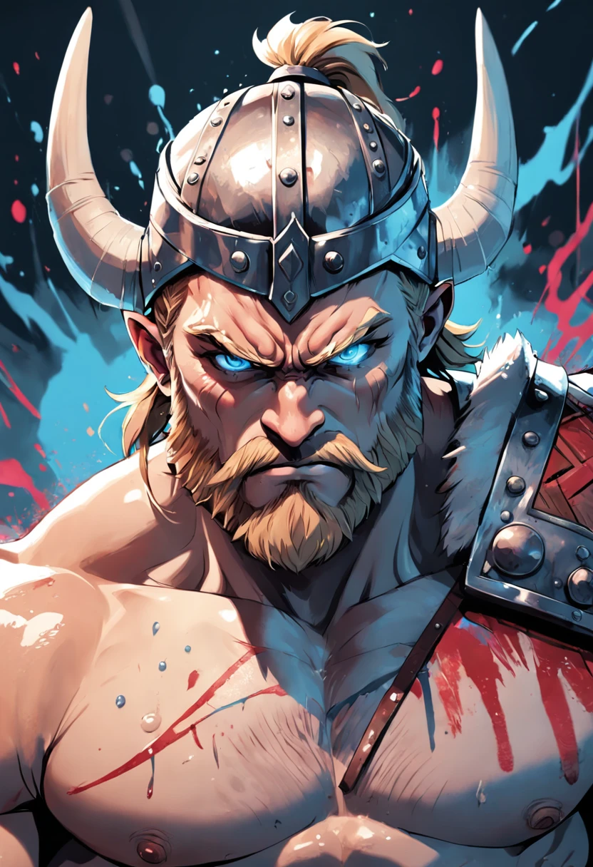 "(This artwork is a) masterpiece in terms of its (excellent) quality. It features a single Viking character, (with a) muscular build and detailed eyes. The focus is on the upper body, with the character looking directly at the viewer. The style of the artwork resembles an ink sketch, while the character is wearing armor. There is a sense of action, as if the character is (delivering a powerful) punch. The background is abstract, with splashes of color and a high contrast effect."