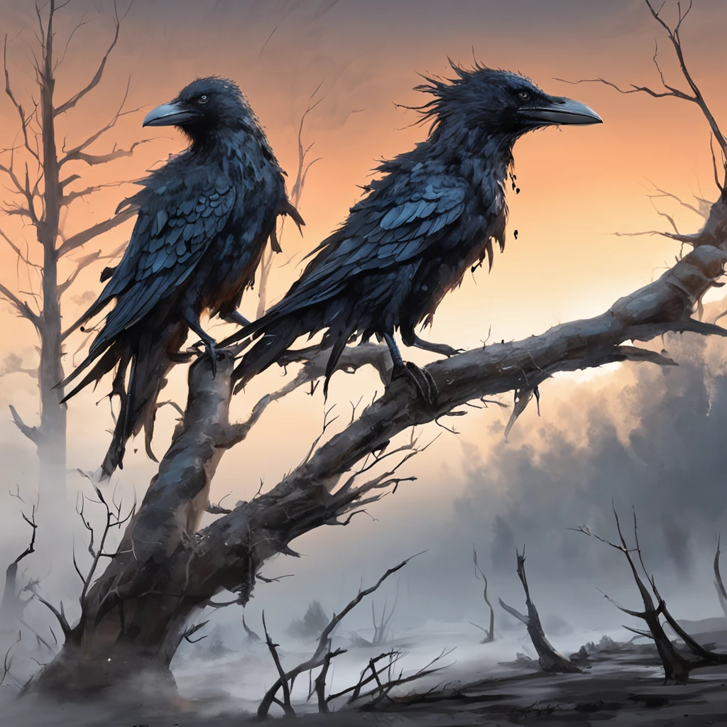 Two crows on a dead tree, A shadow shaped like a walker, Starry night, Thick fog on the ground, Blue light on the horizon, Unreal Engine 5, Cinematic, low angle photography, Motion blur, Depth of field, Dust, Cobblestones and dirt. Splash Art, dripping paint. Perfect color grading. Influenced by Karel Appel and Jeremy Mann, Full of dramatic and threatening scenes, Hyper-detailed, Beautiful, insanely details, Intricate details, editorial photography, shot with a 50mm lens, Depth of field, Tilt Blur, Shutter speed 1/1000, f/22. Lightmaps, Super bright