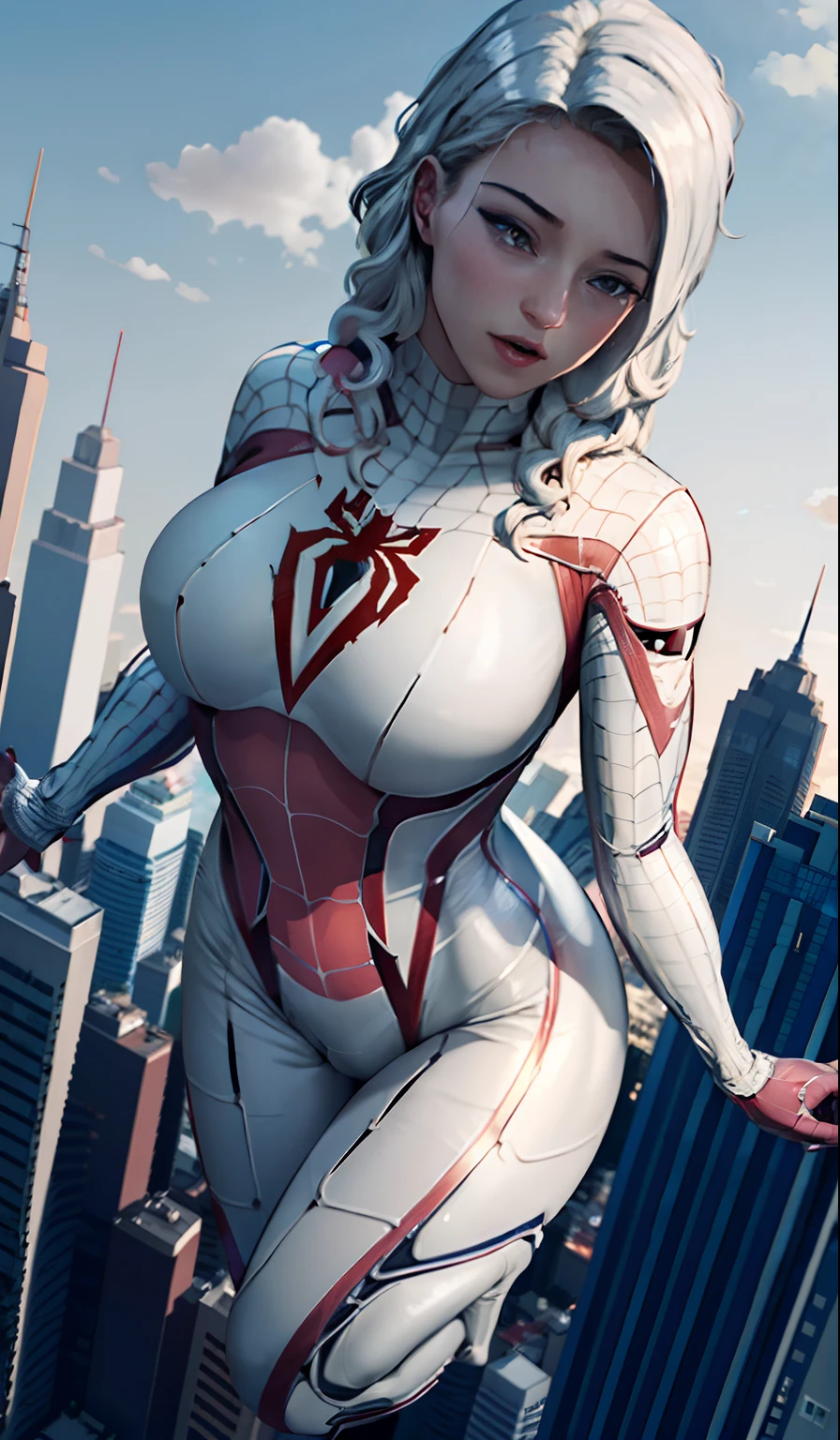 Margot Robbie (Masterpiece, 4k resolution, ultra-realistic, very detailed), (White superhero theme, charismatic, there's a girl at the top of town, wearing Spider-Man costume, large breast, huge breasts, she's a superhero), [ (25 years), (long white hair:1.2), full body, (blue eyes:1.2), ((Spider-Man pose),show of strength, jumping from one building to another), ((sandy urban environment):0.8)| (cityscape, at night, dynamic lights), (full moon))] # Explanation: The Prompt mainly describes a 4K painting of ultra-high definition, very realistic, very detailed. It shows a superheroine at the top of the city, wearing a Spider-Man costume. The theme in the painting is a white superhero theme, the female protagonist has long white hair, is 25 years old and her entire body is shown in the painting. In terms of portraying the actions of superheroines, spiders are employed