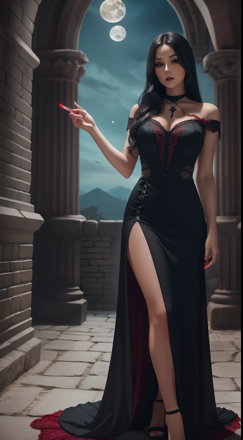 A Pretty Rogue with
Long black hair and captivating eyesBald skin and slightly reddish lips ((long red dress))and fluid with lacy detailsConfident and seductive pose, holding a fanNight scenery in an ancient Gothic castle, with the full moon in the sky