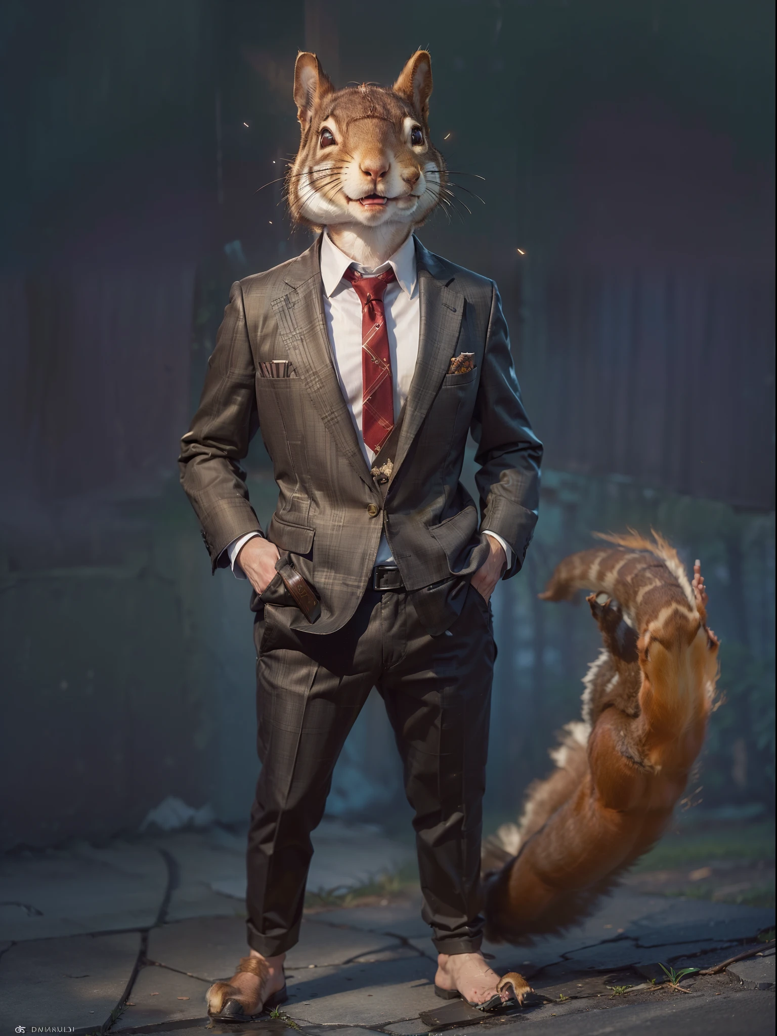 (((fullbody image、Standing posture)))、(Full body squirrel standing upright in luxury business suit、Humanoidris、Cool anthropomorphic squirrel with long legs)、​masterpiece, top-quality, in 8K , intricate detailes, ultra-detailliert , light Particle、32K Digital Paint, Hyper-Realism, No background