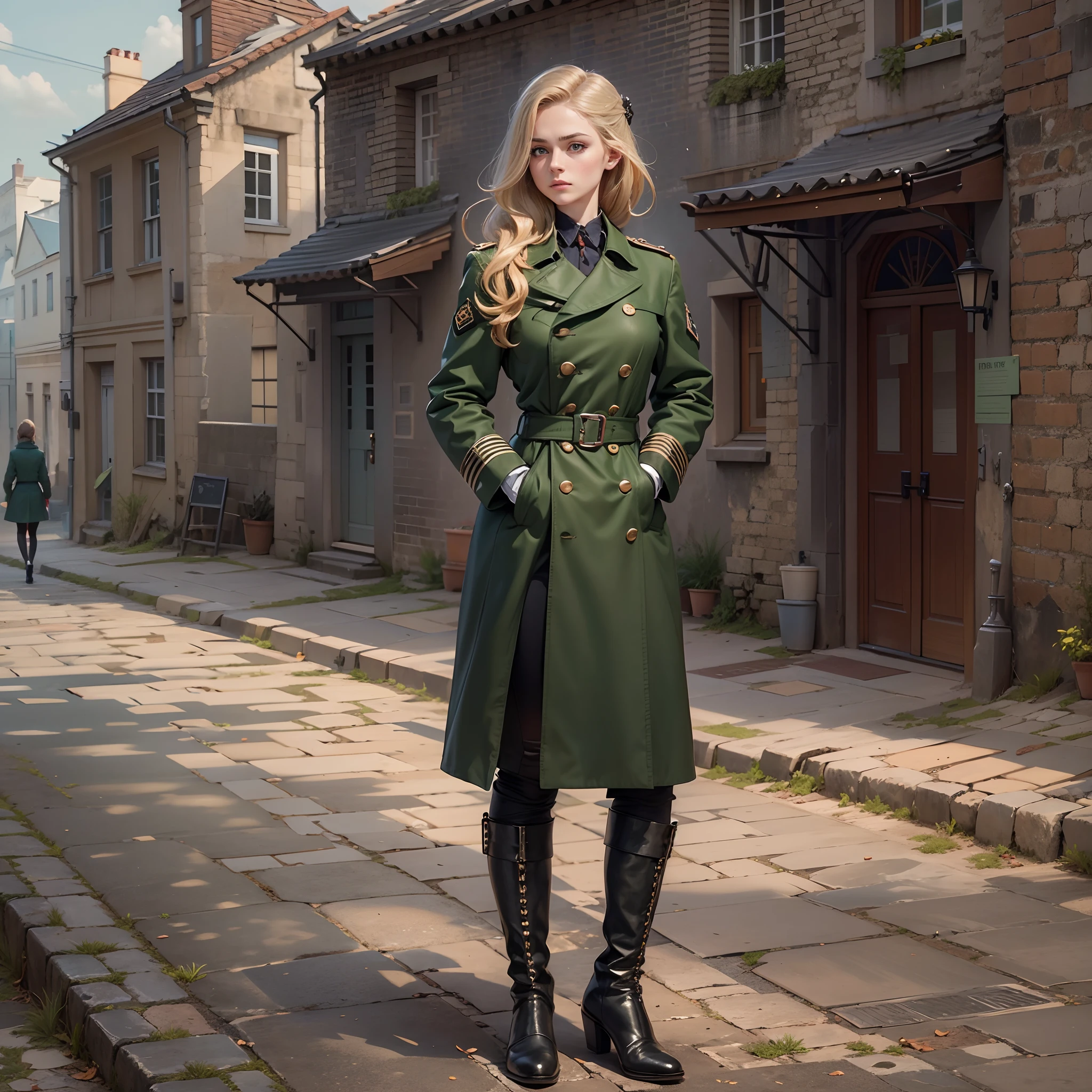 One lonely young adult girl, Tall stature, little chest, closed mouth, Slavic appearance: Green eyes; blond hair; sharp facial features; dimple on the chin; Straight nose; high nose; pronounced high cheekbones; high forehead, stands upright, wears a military uniform: Dark green double-breasted overcoat with 6 fasteners; gray pants; high black boots; black leather gloves, Standing in the middle of the street, Background in the picture: A street with a stone paved road with European stone houses from the first half of the 20th century; People in clothes of the mid-20th century, High quality shadows, High quality of light, High quality clothing, Masterpiece picture quality, max detail, Masterpiece quality, High-definition image.