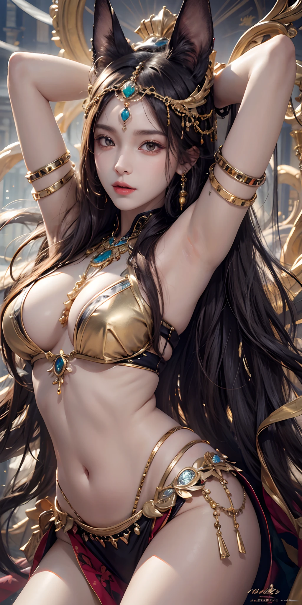 photorealistic, high resolution, soft light,1women, solo, hips up, shining skin, (detailed face), A woman wearing an idol of the god Anubis on her head, jewelry, tattoo