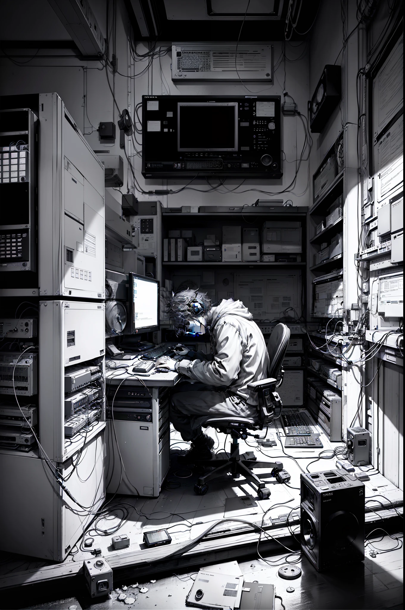 The theme screen is located below, The picture is black, Manhwa Style, Programmers write code in a dark environment,Behind it is the server,The server is connected to the computer, And place dense wires on the ground teenager with headphones,The headphones emit blue light