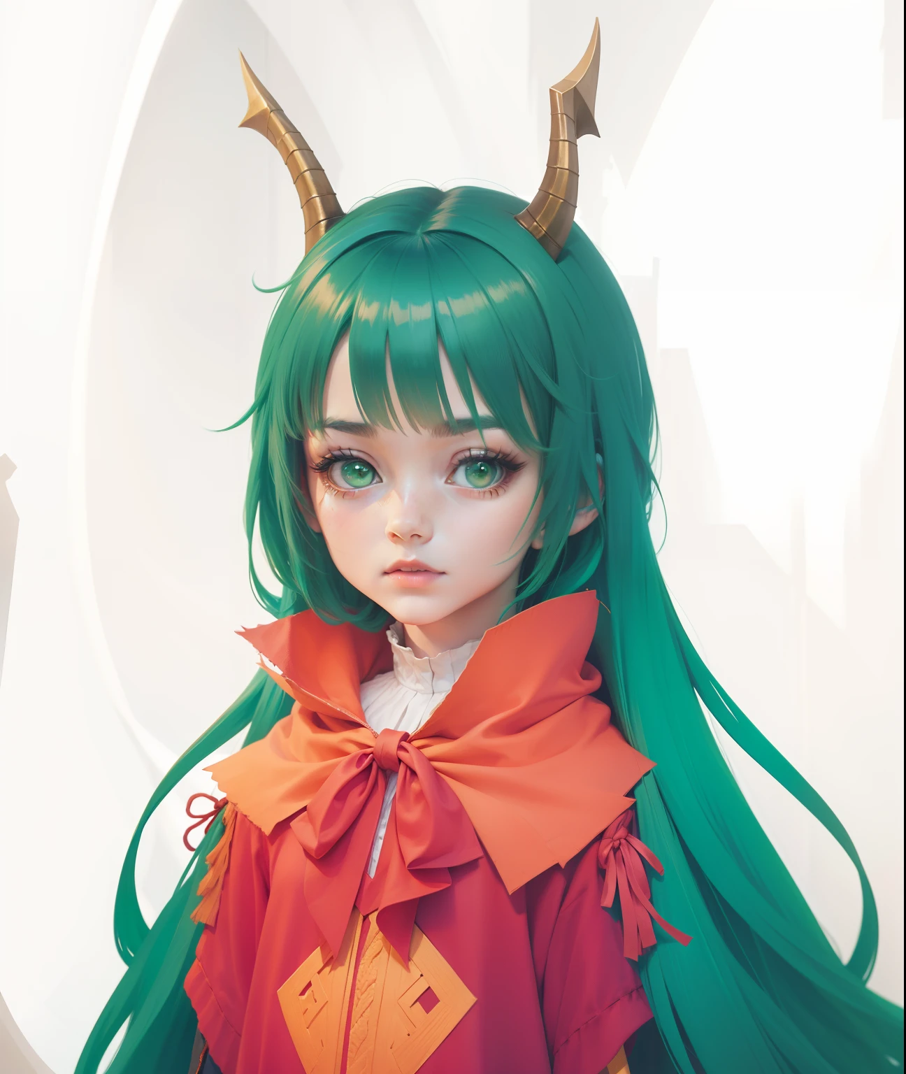 Green hair with dragon horns, girl dressed in red