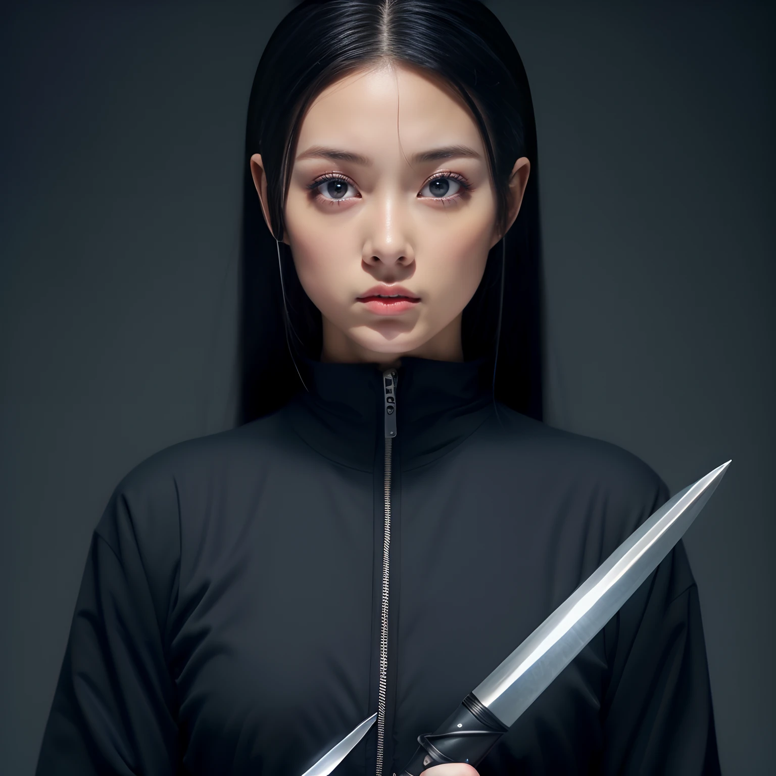 ((Pretty Girl 1.3))、Kunoichi、Female ninja、Wear black sneakwear、Dagger in one hand、Dagger Extractor、Japanese Ninja、Crimson Eyes、Pupils are vertical、