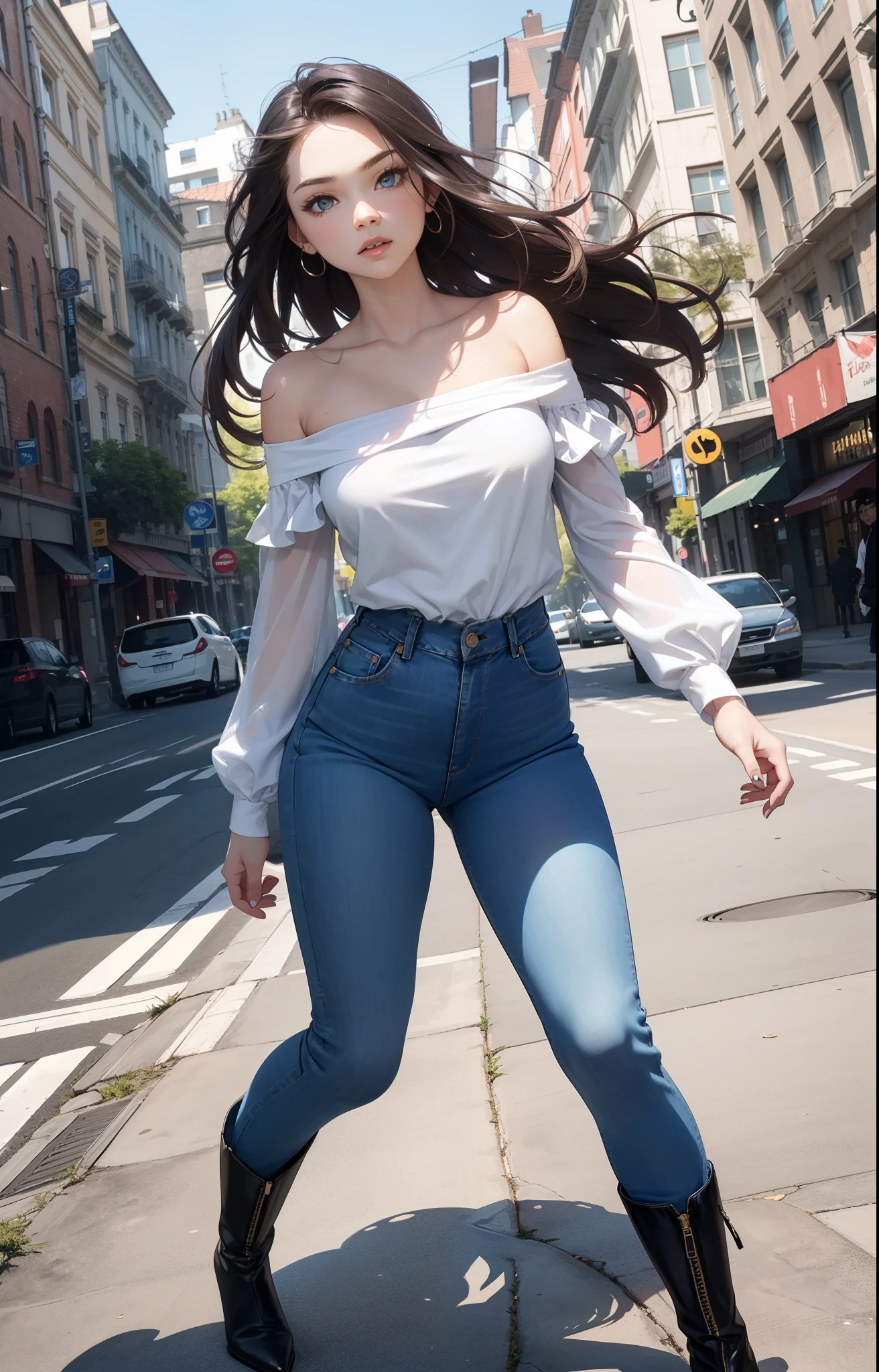 masterpiece, extremery magnificent view, perspective, extremery best quality, extremery detailed CG, 8k wallpaper, high resolution, highly detailed face, highly detailed eyes, perfect anatomy, super detailed skin,
(dynamic angle, dynamic pose:1.2), outdoors, city street, (portrait, legs focus, full body), (beautiful face, beautiful eyes, beautiful legs:1.3),
1 girl, solo, (white blouse, bare shoulder, blue jeans pants:1.3), (skinny jeans:1.3), large breasts, brown hair, long hair, wavy hair, open forehead, (black boots:1.3), blue eyes, skinny, slender, wide hips, thin waist