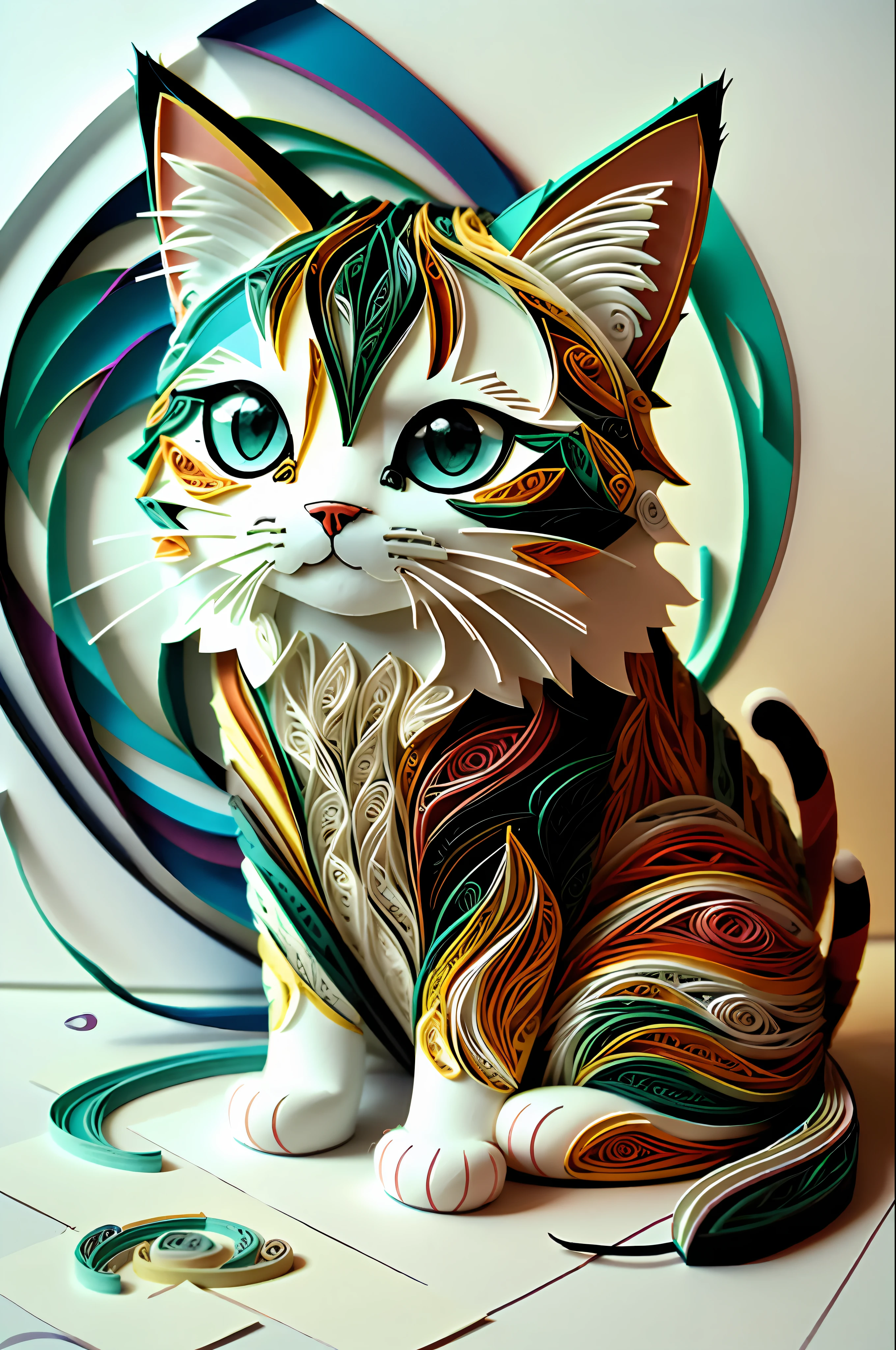 cat, multi-dimensional paper quilling, art, yang08k, cute, colorful, masterpieces, top quality, best quality, official art, cute and aesthetic,