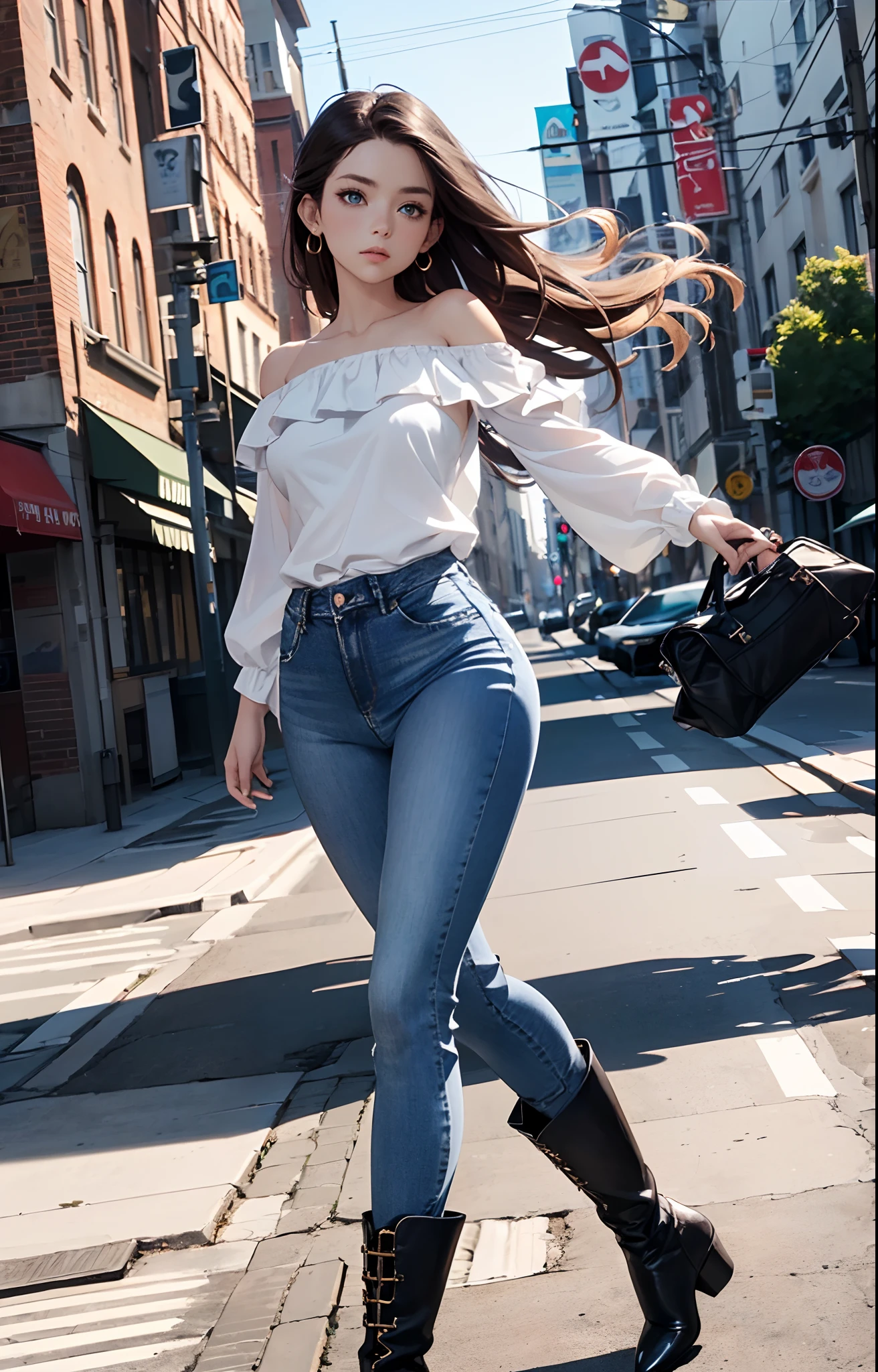 masterpiece, extremery magnificent view, perspective, extremery best quality, extremery detailed CG, 8k wallpaper, high resolution, highly detailed face, highly detailed eyes, perfect anatomy, super detailed skin,
(dynamic angle, dynamic pose:1.2), outdoors, city street, (portrait, legs focus, full body), (beautiful face, beautiful eyes, beautiful legs:1.3),
1 girl, solo, (white blouse, bare shoulder, blue jeans pants:1.3), (skinny jeans:1.3), large breasts, brown hair, long hair, wavy hair, open forehead, (black boots:1.3), blue eyes, skinny, slender, wide hips, thin waist