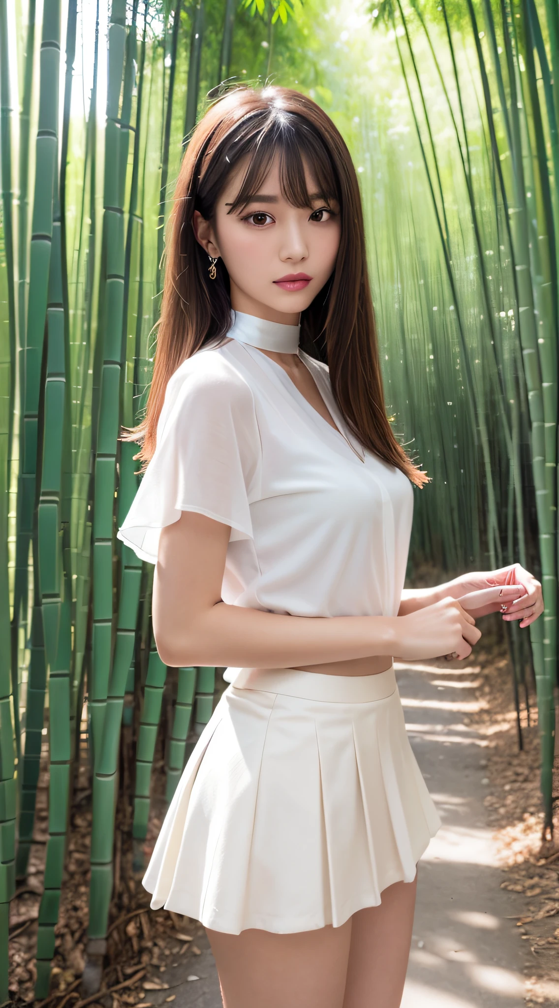 (Best Quality, 8K, masutepiece, Ultra HD: 1.3), 1girl in, agalactia ,light brown hair, Blunt bangs, hair behind ear, hair over shoulder, Long hair,  slender body shape, Ultra Fine Face, Delicate lips, Beautiful eyes, Double eyelids, lipsticks, thin blush ,eyes are light brown ,perfect glossy skin,flawless skin　fair white skin ,Glistening sweat,View here, Ultra-thin hands, Ultra-fine fingers,  best ratio four finger and one thumb, (realisitic:1.3),Finger Extensions, the see-through white shirt, White see-through tight skirt , Slender and beautiful legs ,a white choker,Low Heels. bamboo forrest