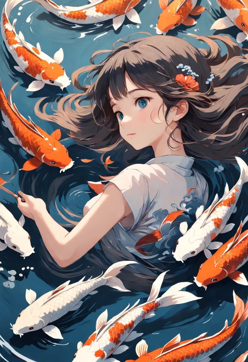 "A graceful depiction of a young girl surrounded by a swirling flock of mesmerizing koi fish, (lots of koi fishes),resembling an elegant and serene Japanese ink painting."
