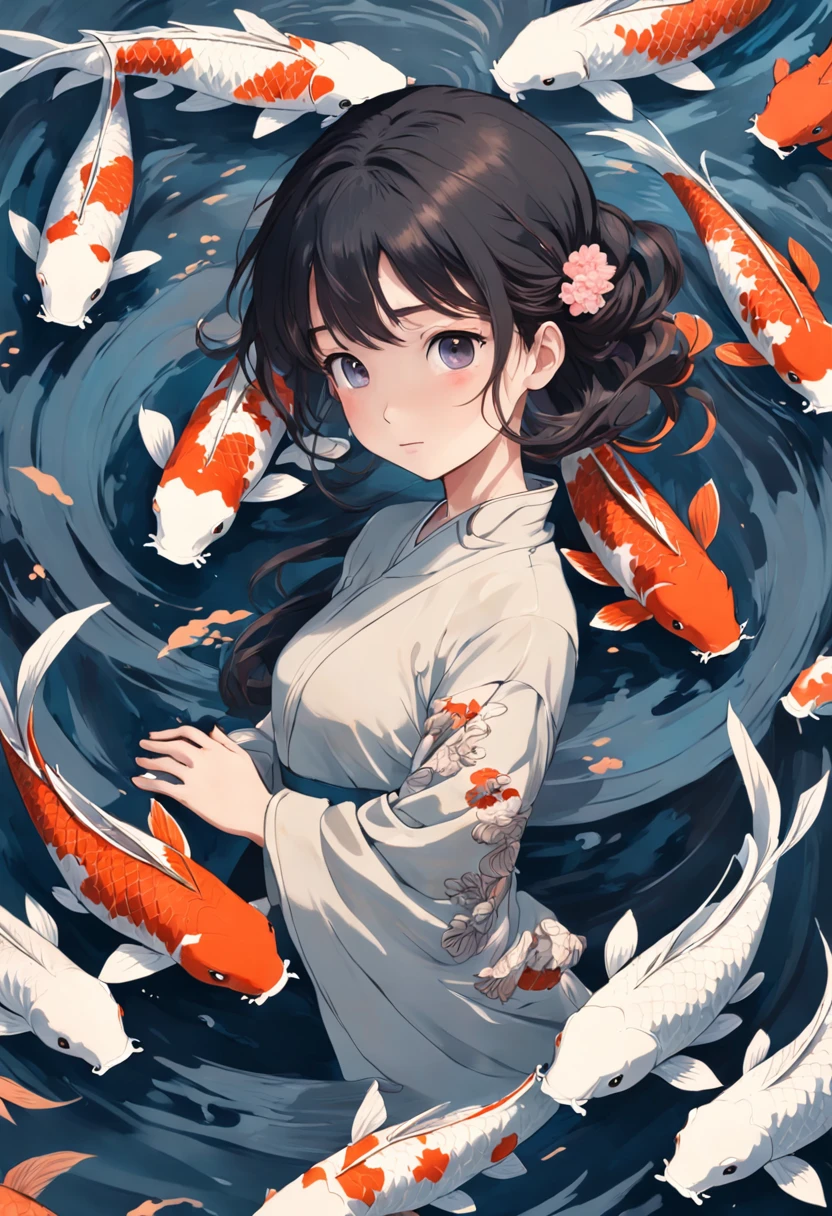 "A graceful depiction of a young girl surrounded by a swirling flock of mesmerizing koi fish, (lots of koi fishes),resembling an elegant and serene Japanese ink painting."