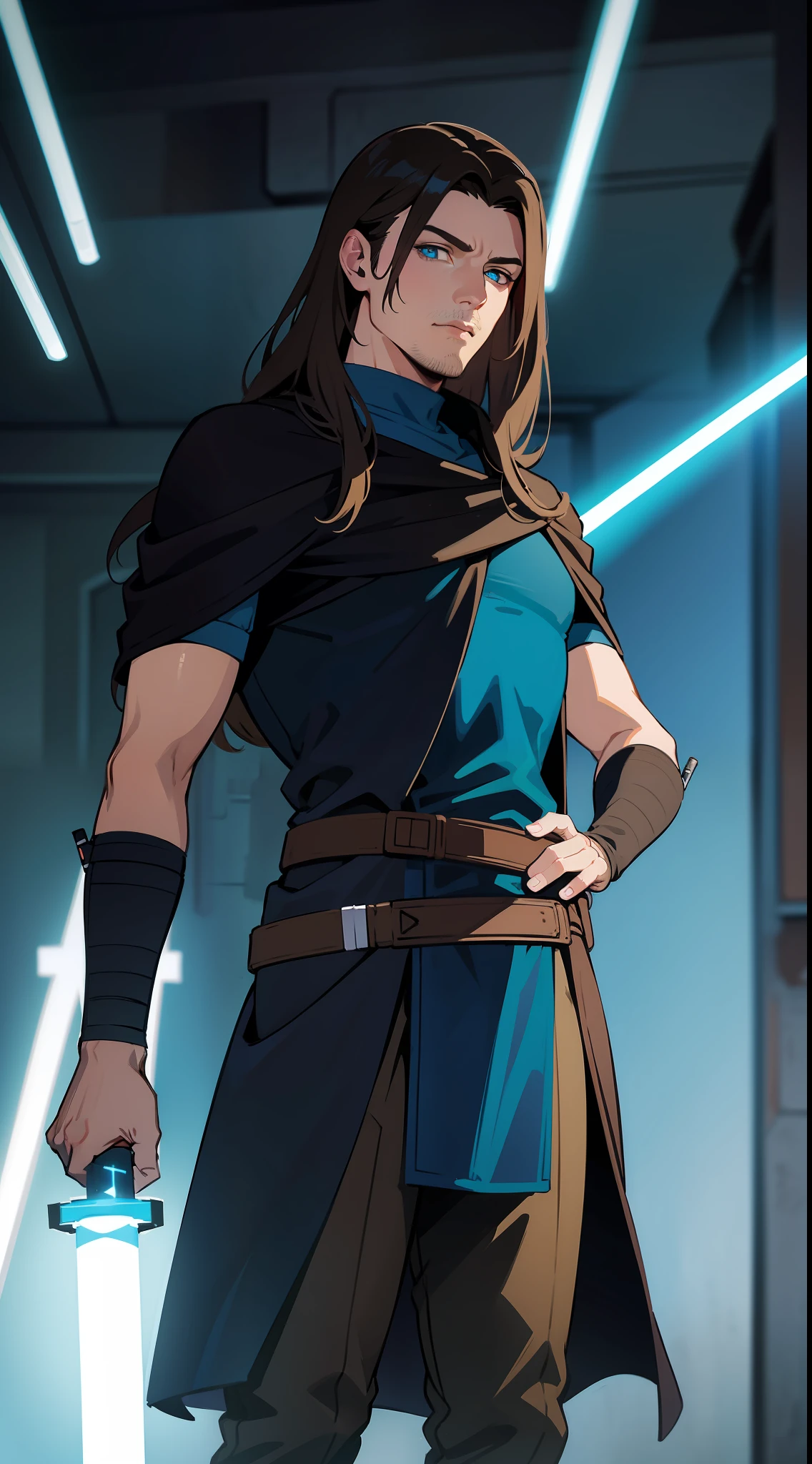 adult man, Long brown hair, Cyan eyes, Blue Rob Jedi, Lightsaber, Darth Revan, Masterpiece, hiquality