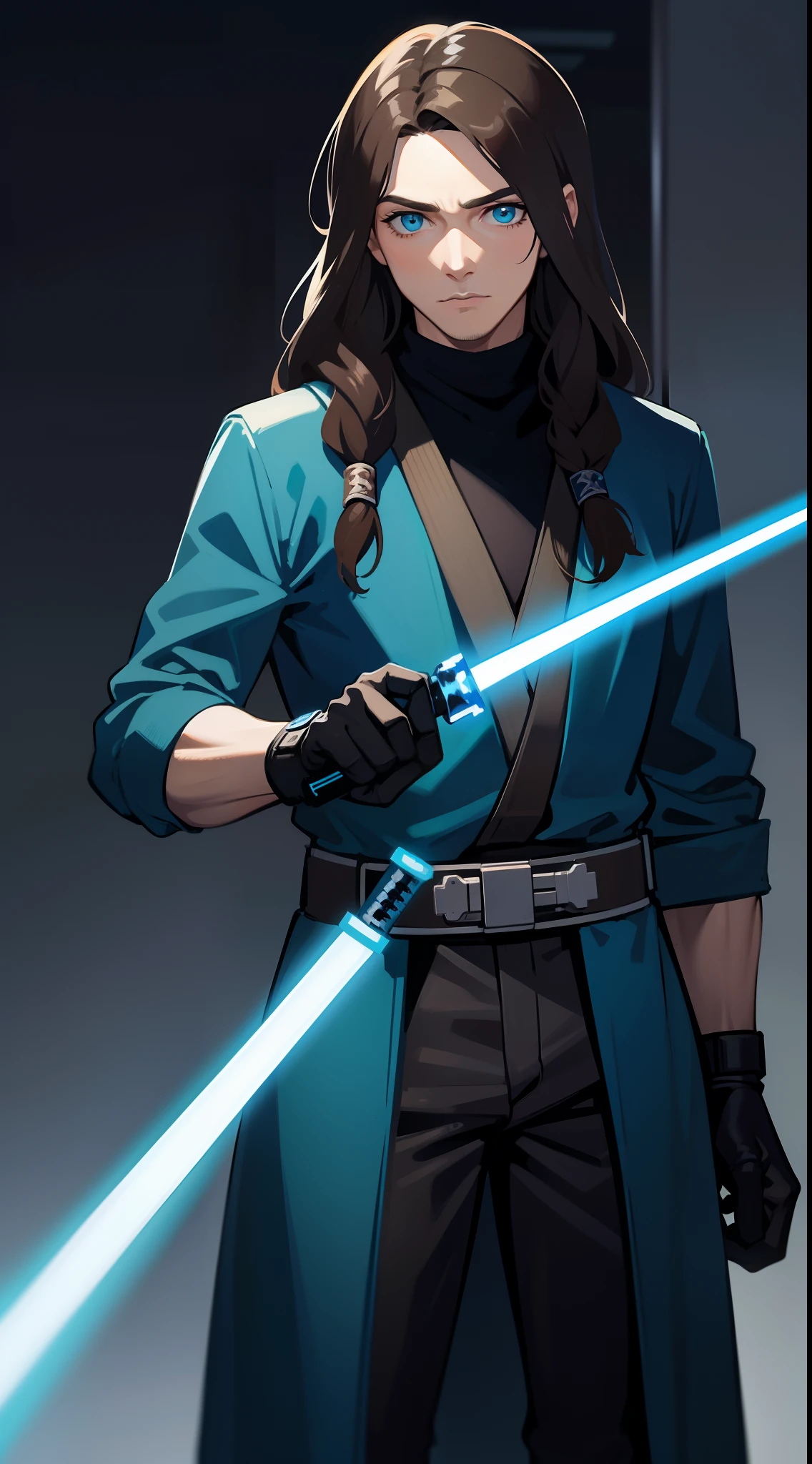 adult man, Long brown hair, Cyan eyes, Blue Rob Jedi, Lightsaber, Darth Revan, Masterpiece, hiquality