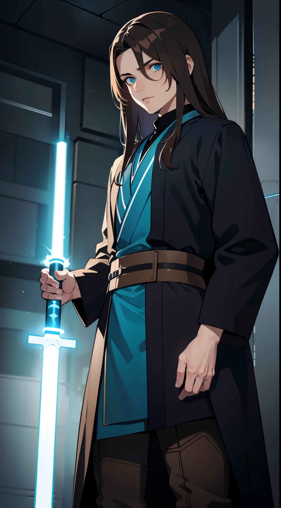 adult man, Long brown hair, Cyan eyes, Blue Rob Jedi, Lightsaber, Darth Revan, Masterpiece, hiquality