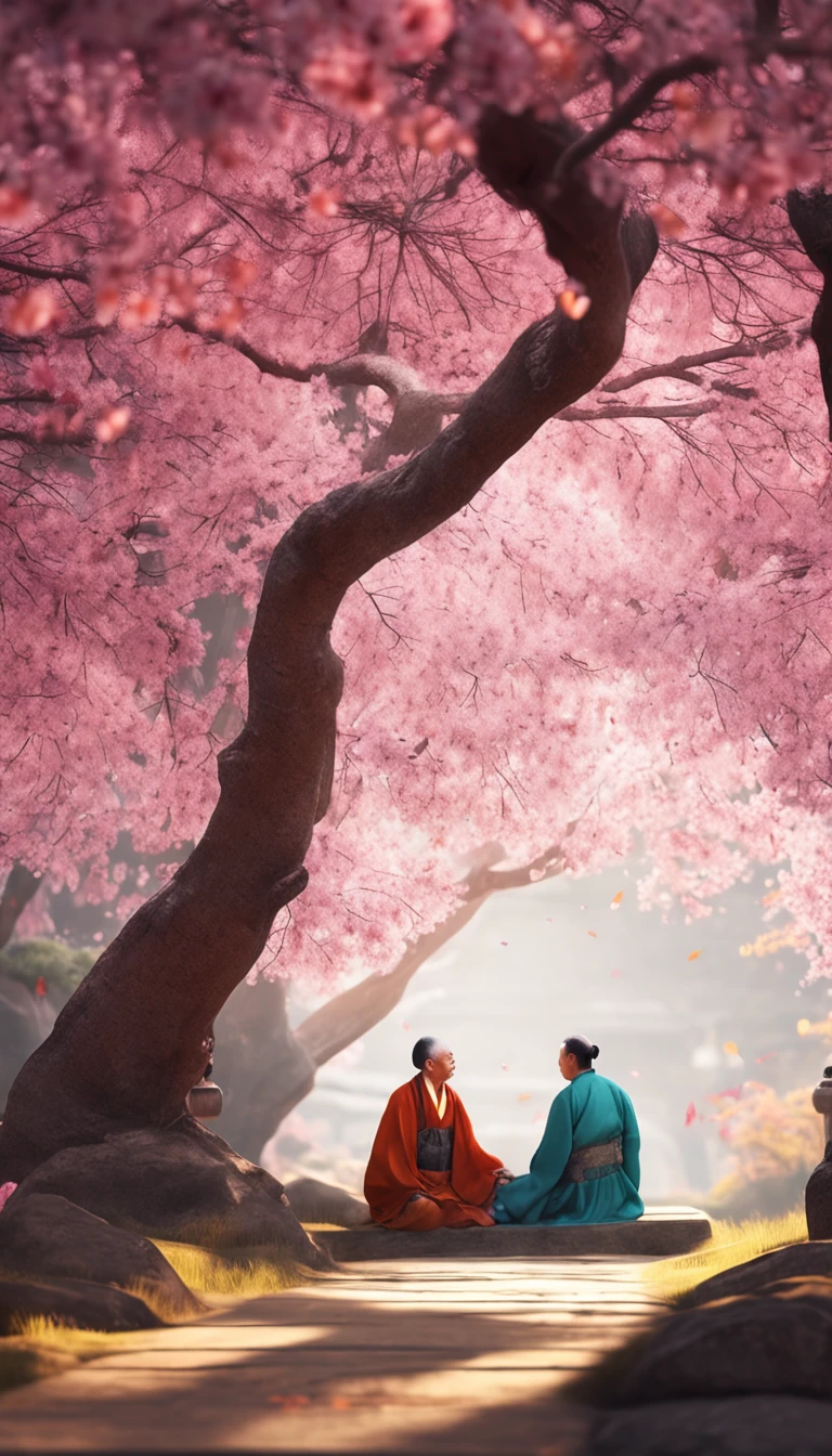 Two Chinese sages sitting in the shade of a cherry blossom tree with rays of sun passing among the flowers