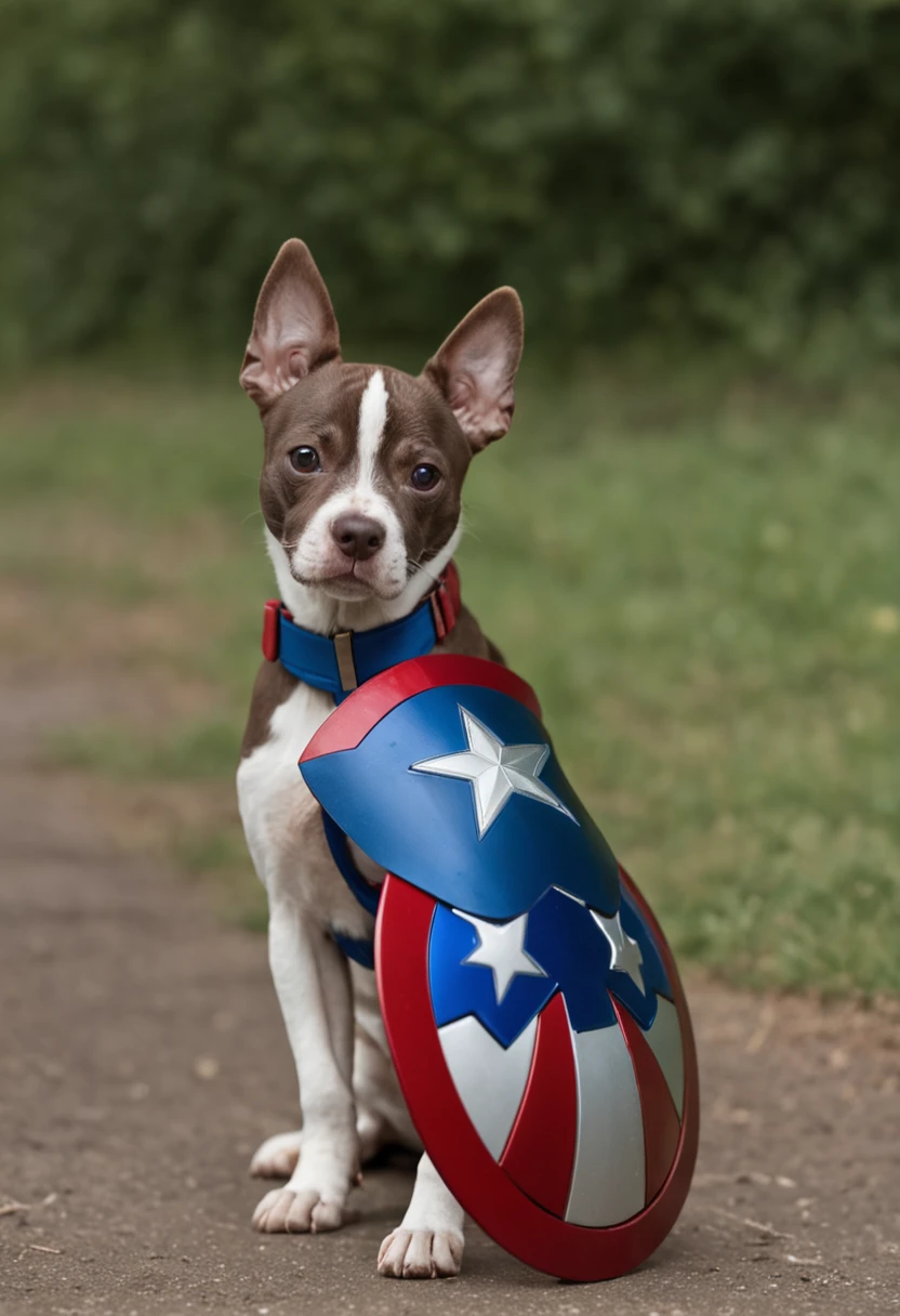 Captain America as a Patriotic Dog:
Crie uma imagem de um cachorro com pelagem nas cores da bandeira dos Estados Unidos, using a small bone-shaped shield like Captain America.