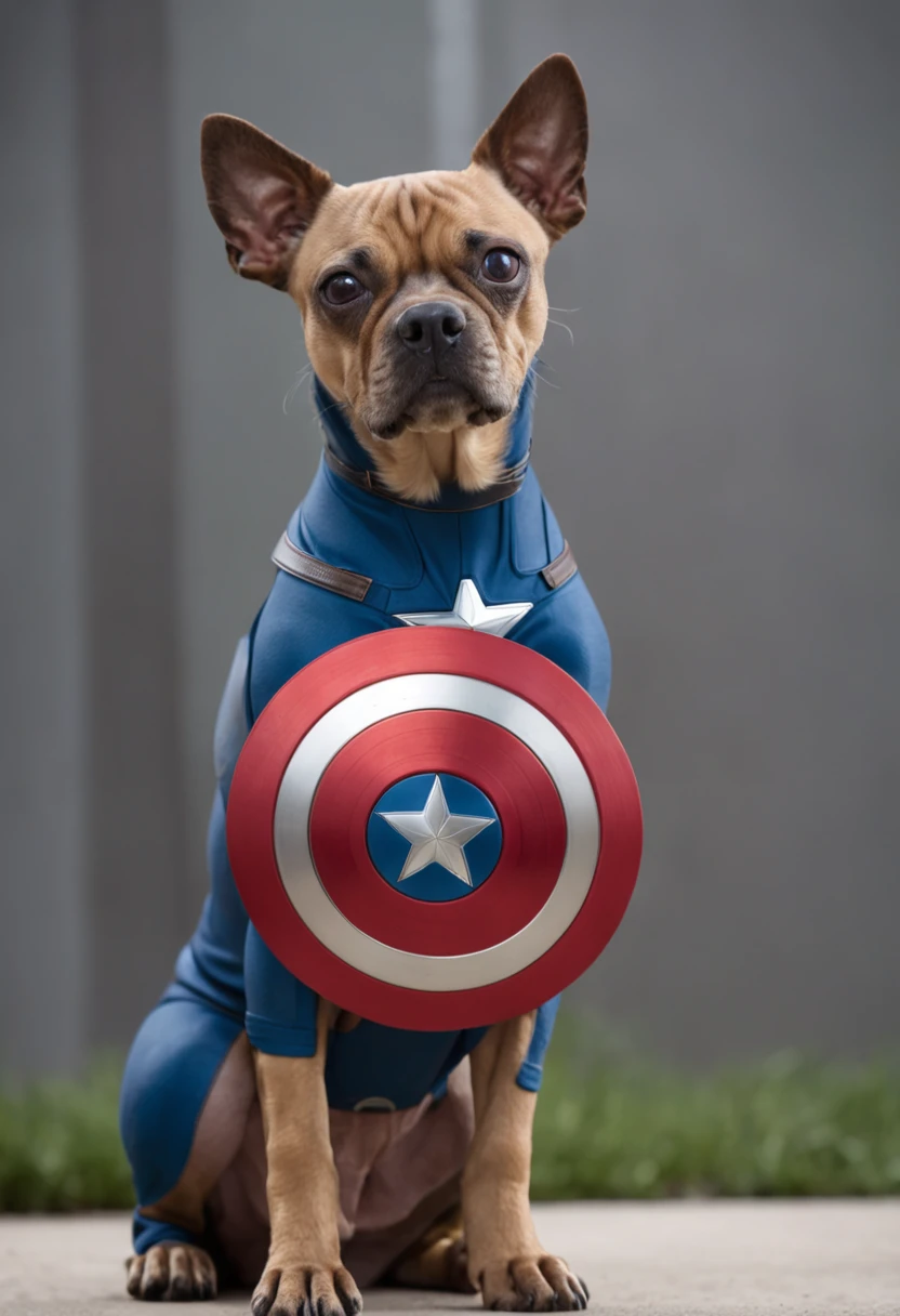 Captain America as a Patriotic Dog:
Crie uma imagem de um cachorro com pelagem nas cores da bandeira dos Estados Unidos, using a small bone-shaped shield like Captain America.