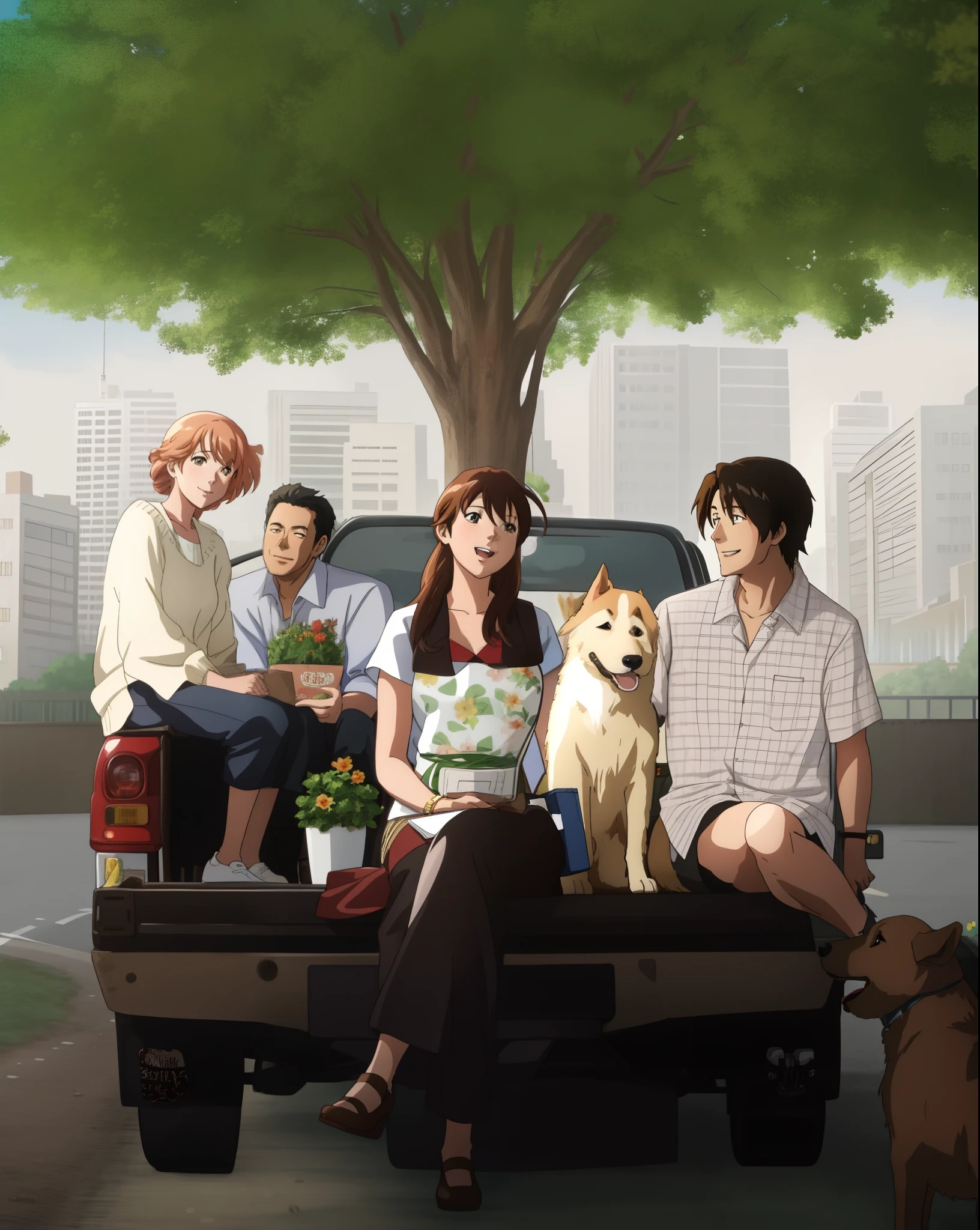 Anime poster, there are a group of people sitting in the back of a truck, old couple at the back, young couple in the front, one dog sitting, movie promotional image, heartwarming, sunny afternoon, cinematic movie still, garden road, with a tall tree, happy family