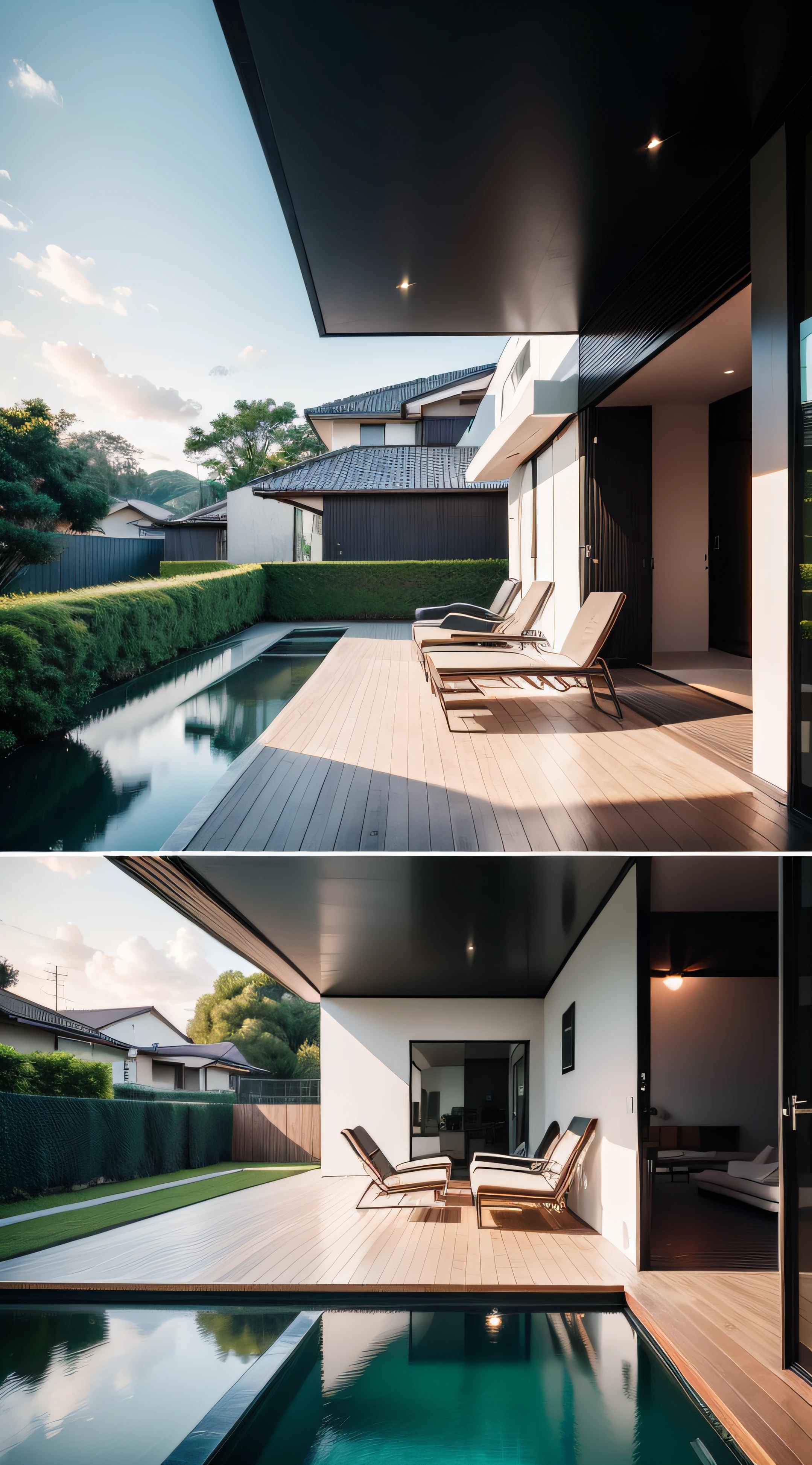 uma foto completa de uma modern contemporary house, Com piscina estreita e longa no estilo de Mies van der Rohe na arquitetura de hoje