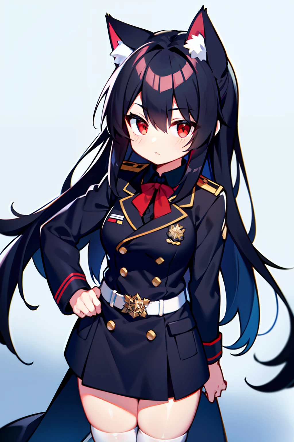 Snowy forest, Black hair, Cat ears, Cat girl, Red eyes, Officer uniform, , Germany, Black officer uniform,are standing