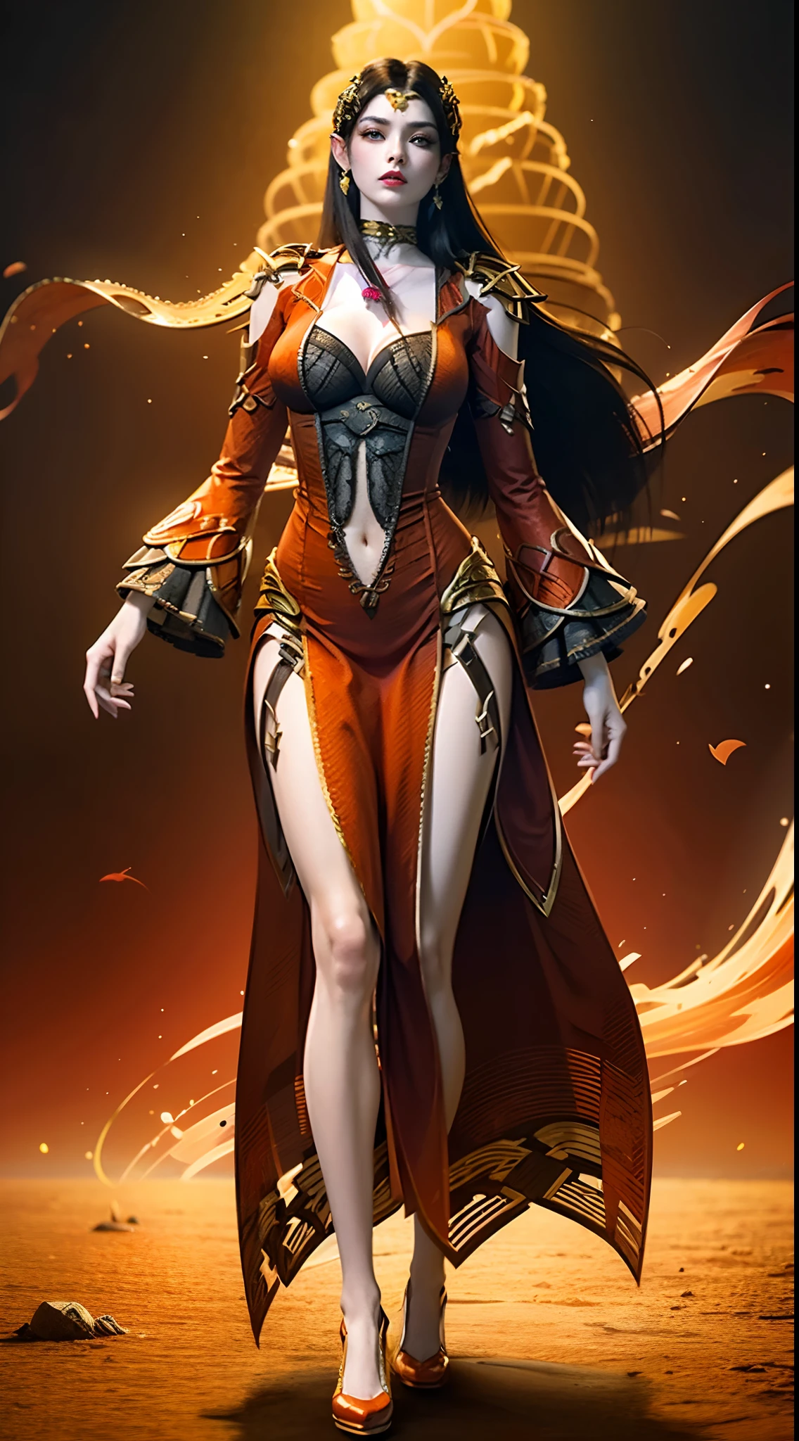 Length shot full body, woman in a red dress, long hair, beautiful alluring woman, a beautiful fantasy empress, inspired by Du Qiong, seductive body, ((a beautiful fantasy empress)), seductive miss beautiful, glamorous, mai shiranui, lady in pink armor, tifa, (lingerie:1.2), photo realistic, upon_body, tyndall effect, photorealistic, dark studio, rim lighting, two tone lighting, (high detailed skin:1.2), 8k uhd, dslr, soft lighting, high quality, volumetric lighting, candid, high resolution 4k, Bokeh, breast out, (nude:0.9), (blue eyes color), (transparent armor:1.0), big breast,