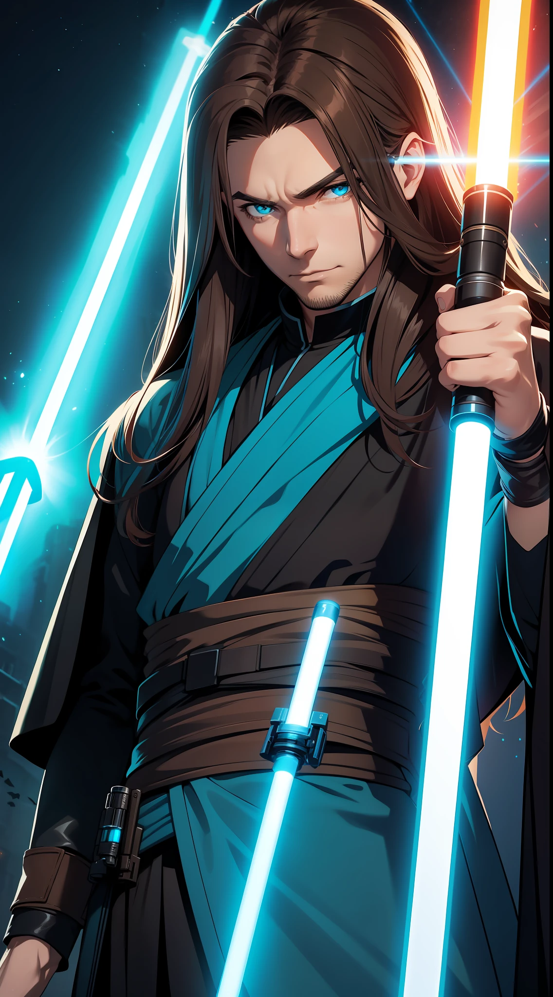 adult man, Long brown hair, Cyan eyes, Blue Rob Jedi, Lightsaber, Darth Revan, Masterpiece, hiquality