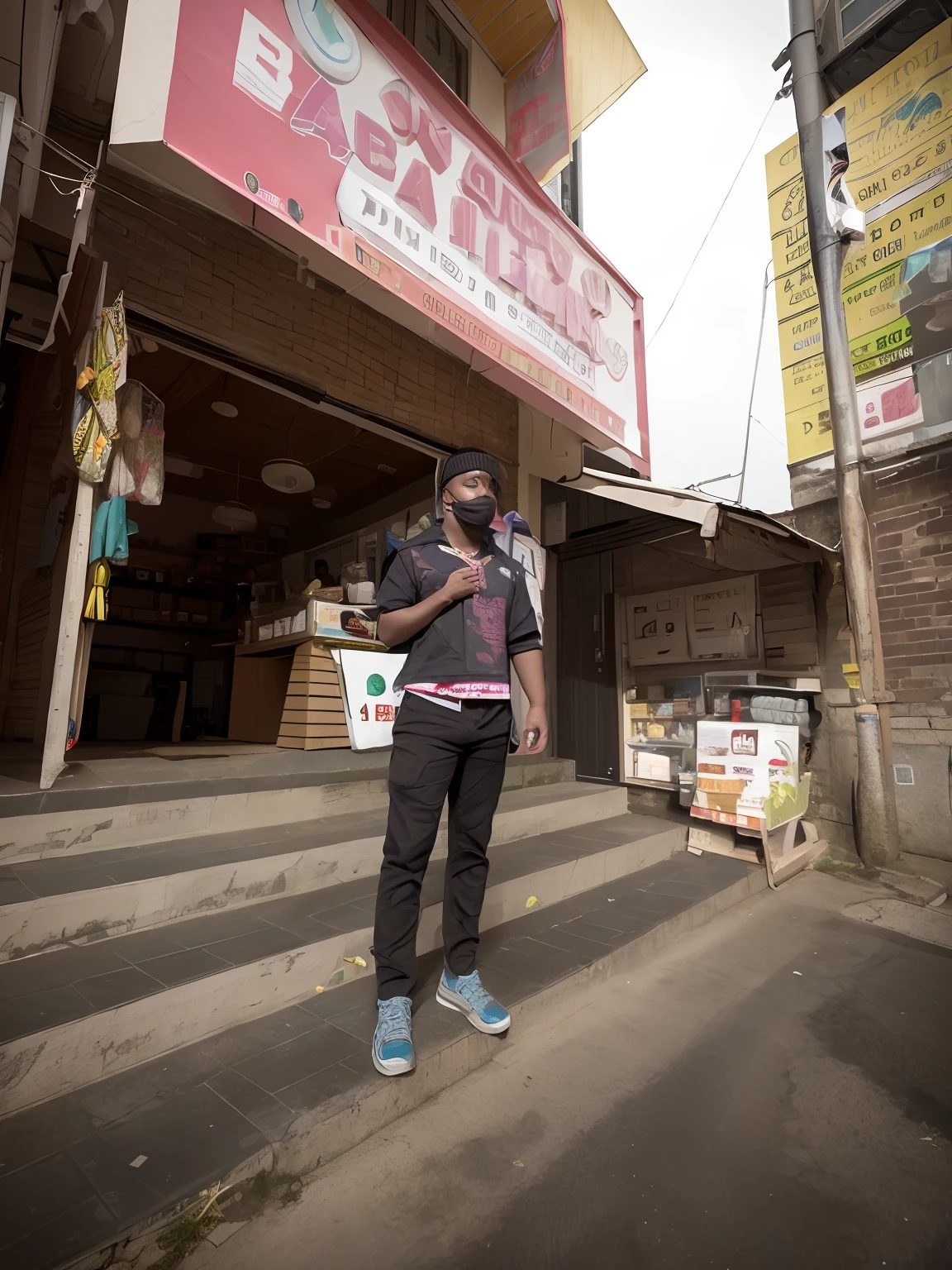 there is a man standing on the steps of a building, stood outside a corner shop, by Dan Content, standing in township street, photo for a store, convenience store, shot on nikon z9, store, by Joseph Severn, in front of ramen shop, taken in the early 2020s, stores, by Gina Pellón
