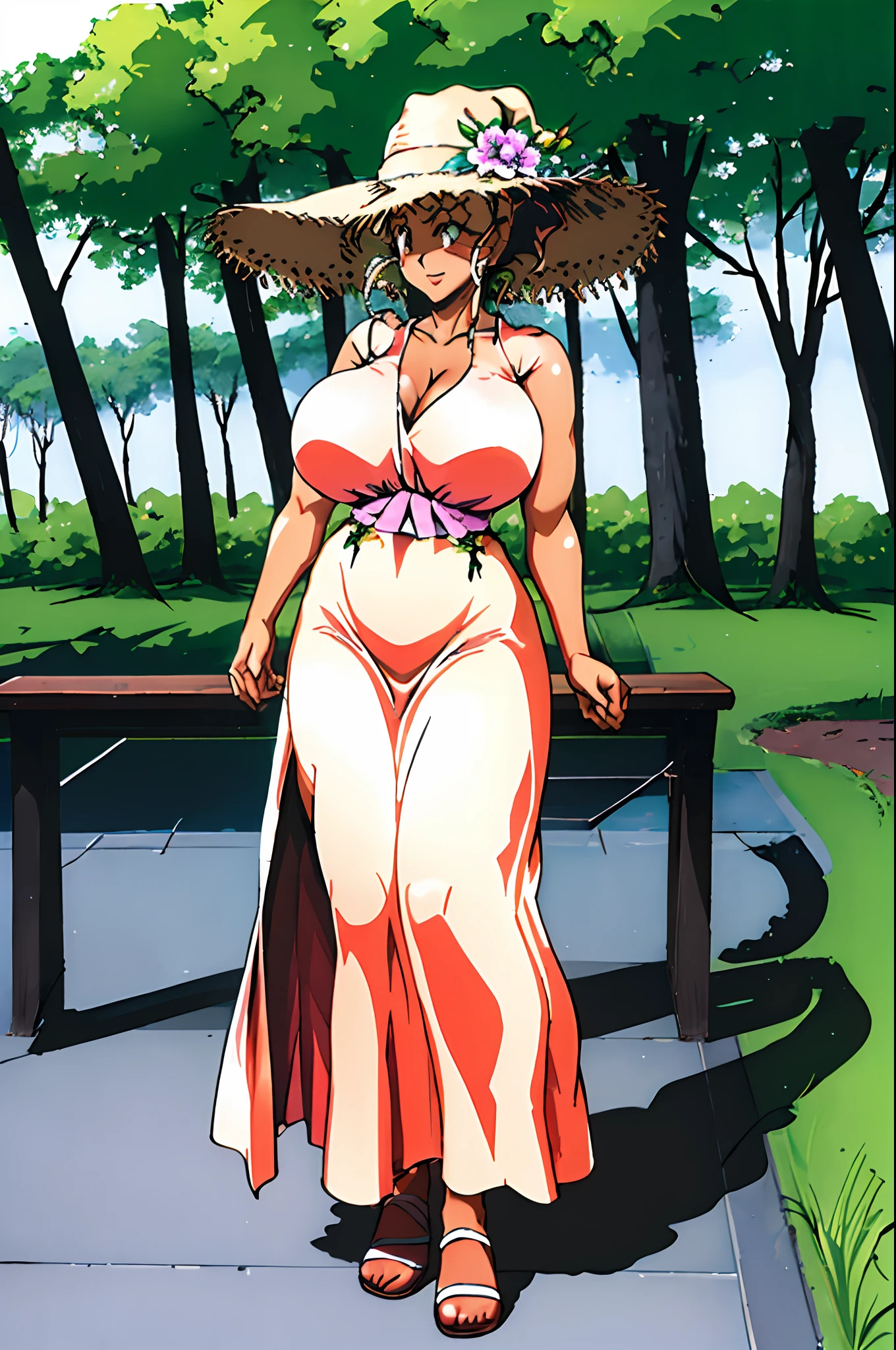 masterpiece, 1girl, kuramitsu mihoshi, full body,long dress, park, bench, flowers, cute, outside, trees, forest, wizard, hat, big breast