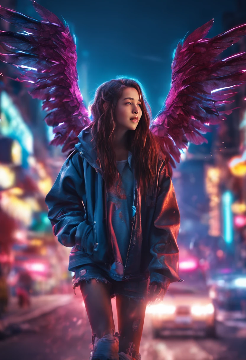"Image Quality: 8K (Best Quality Scale: 1.2), Artistic Style: Realistic, Photorealistic Factor: 1.37, Clarity: Ultra High Definition, Subject:1girl flying above stunning cityscape ,hoodie,brown hair, neon color shooting stars, very long hair, off shoulder, feather hair ornament, neon colors, flashes, stunning night sky, Girl (16 yearble Features: Pleasant Smile, Closed Mouth, Exquisite Details, Lovely Nose, Composition: Full Body, Damp Hair, Context: Amidst Colossal Dalsefo, huge Angel wings very detailed, Korean idol looks