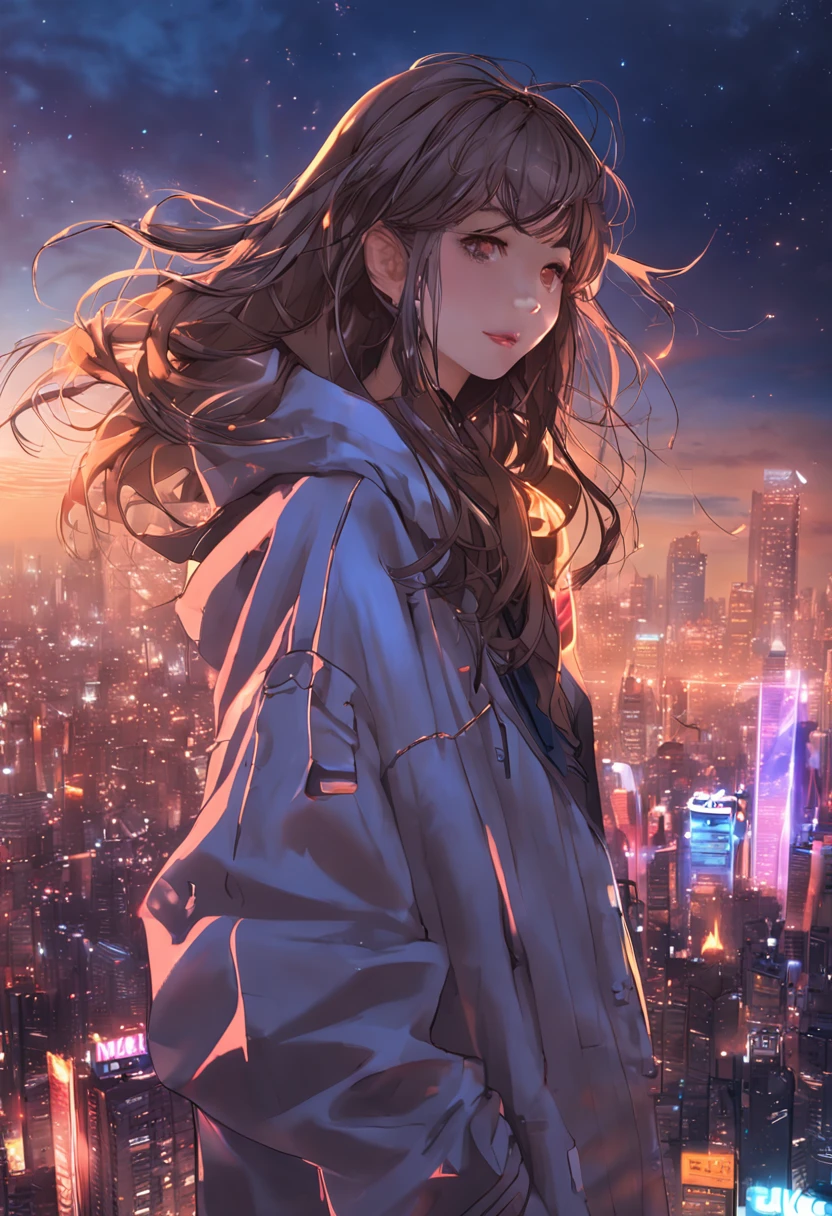 "Image Quality: 8K (Best Quality Scale: 1.2), Artistic Style: Realistic, Photorealistic Factor: 1.37, Clarity: Ultra High Definition, Subject:1girl flying above stunning cityscape ,hoodie,brown hair, neon color shooting stars, very long hair, off shoulder, feather hair ornament, neon colors, flashes, stunning night sky, Teenage Girl (16 years old), Notable Features: Pleasant Smile, Closed Mouth, Exquisite Details, Lovely Nose, Composition: Full Body, Damp Hair, Context: Amidst Colossal Dalsefo, huge Angel wings very detailed, Korean idol looks