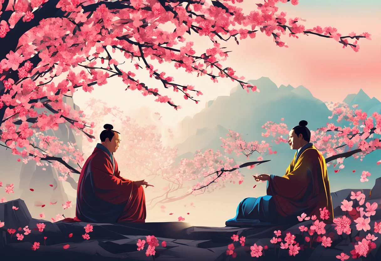 Two Chinese sages sitting in the shade of a cherry blossom tree with rays of sun passing among the flowers