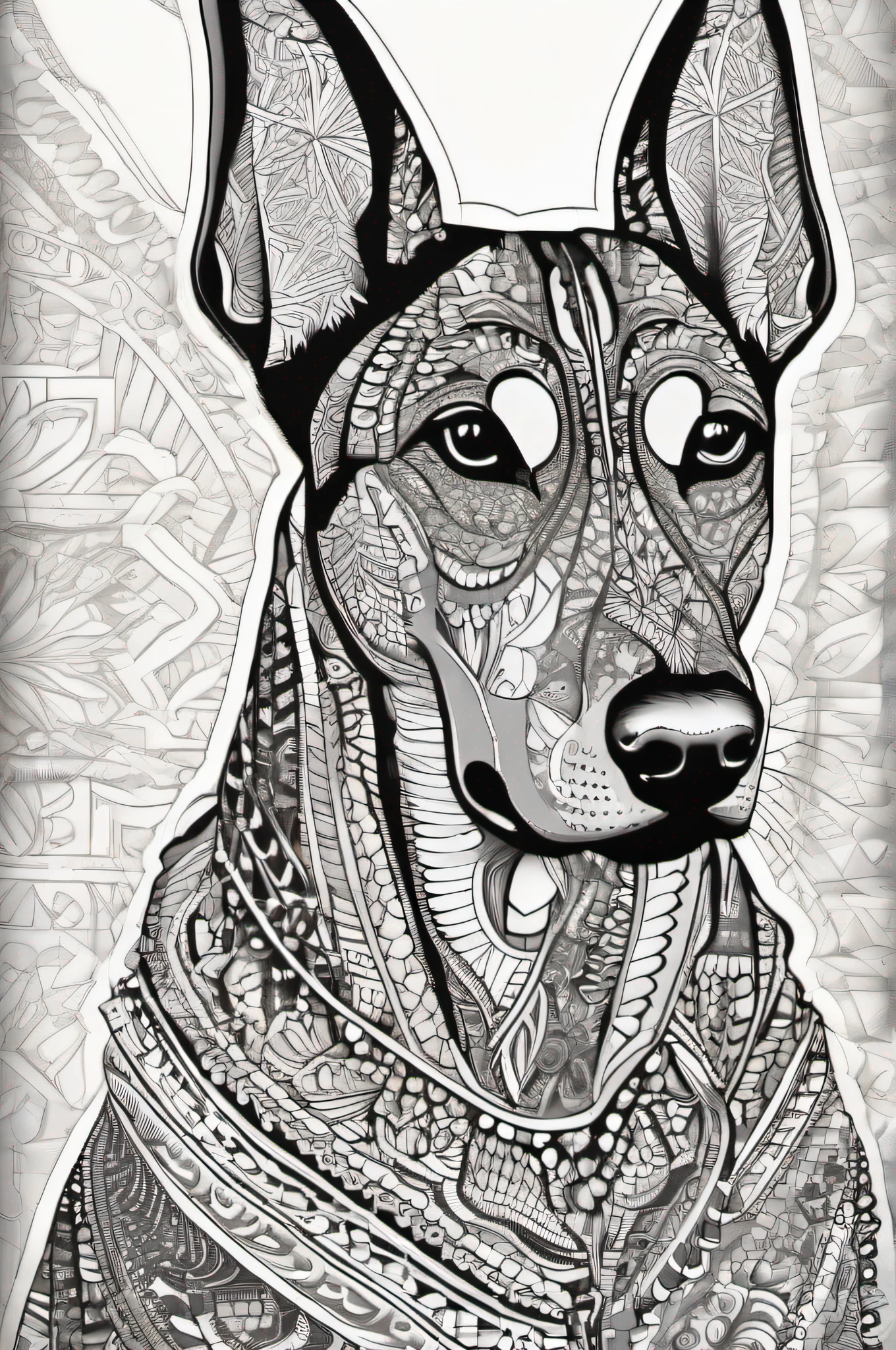 Doberman for a coloring, linhas em negrito, linhas escuras, estilo mandala, simetrico, fundo branco, Arte de linha limpa, arte de linha fina, preto e branco, colorir