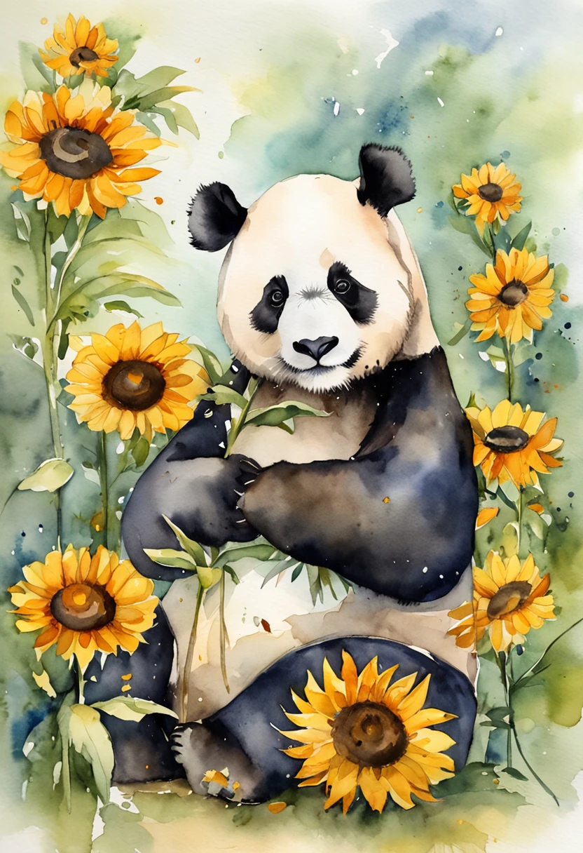 Um panda bonito,Sunflowers are worn on the head,perspectiva positiva,e uma abelha voando