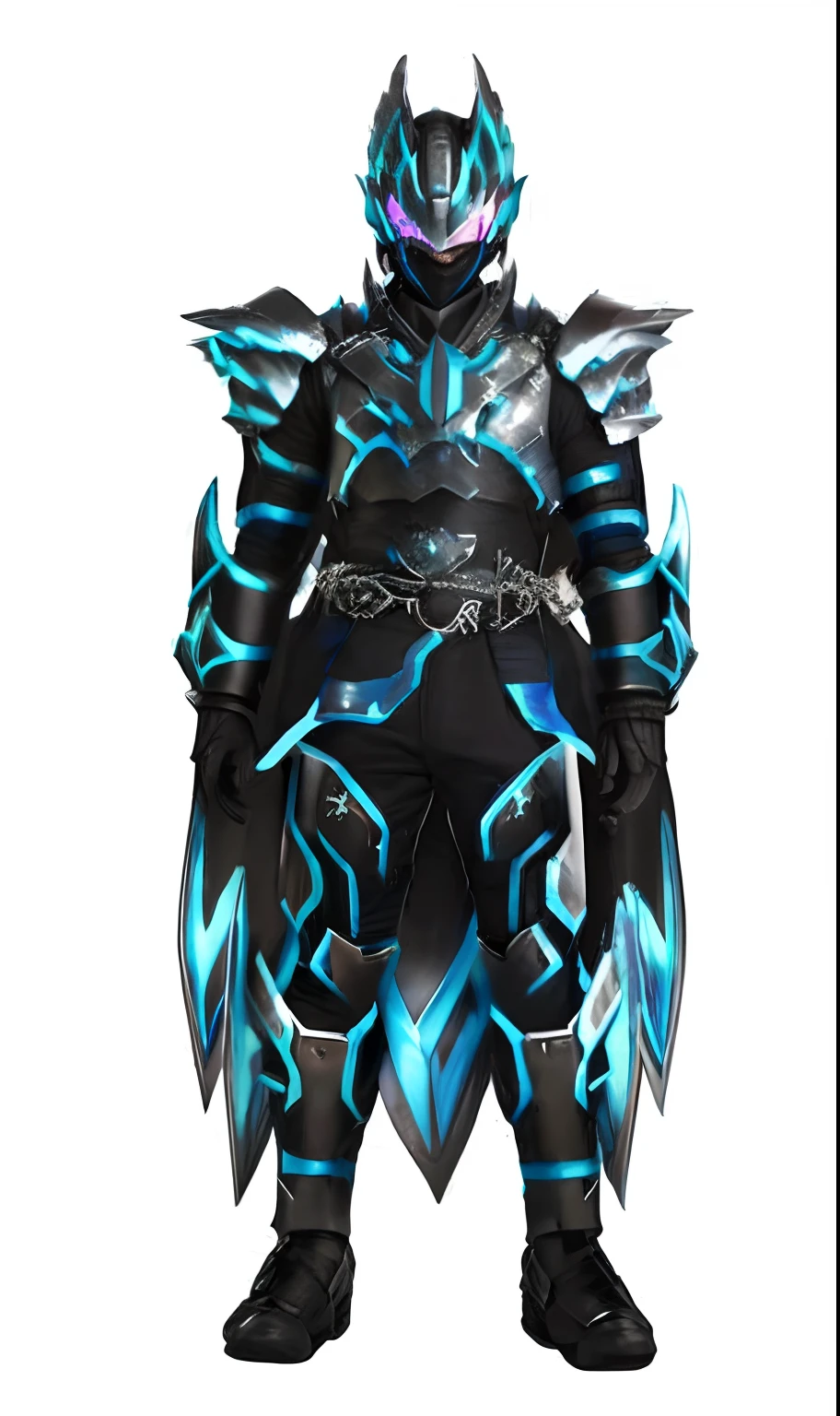 a close up of a person in a costume with a sword, Dragon inspired blue armor, cyber fight armor, Ice crystal armor, Blue armor, blue and ice silver color armor, draconic looking armor, fractal armor, Black shiny armor, wearing thunder armor, black fire color reflected armor, cyber japan style armor, Cyber armor, cybernetic flame armor