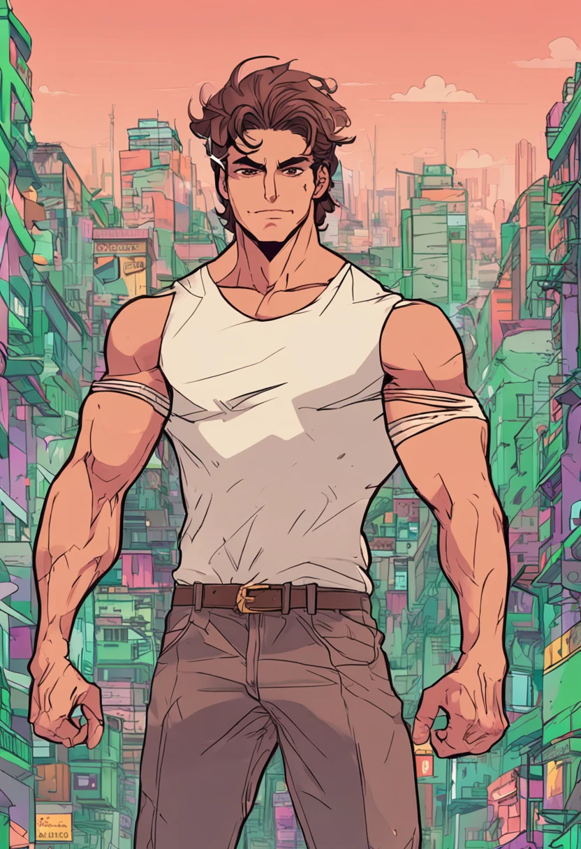 90s anime style, tall brunette boy, green eyes, muscles, aesthetically pleasing, facial hair,